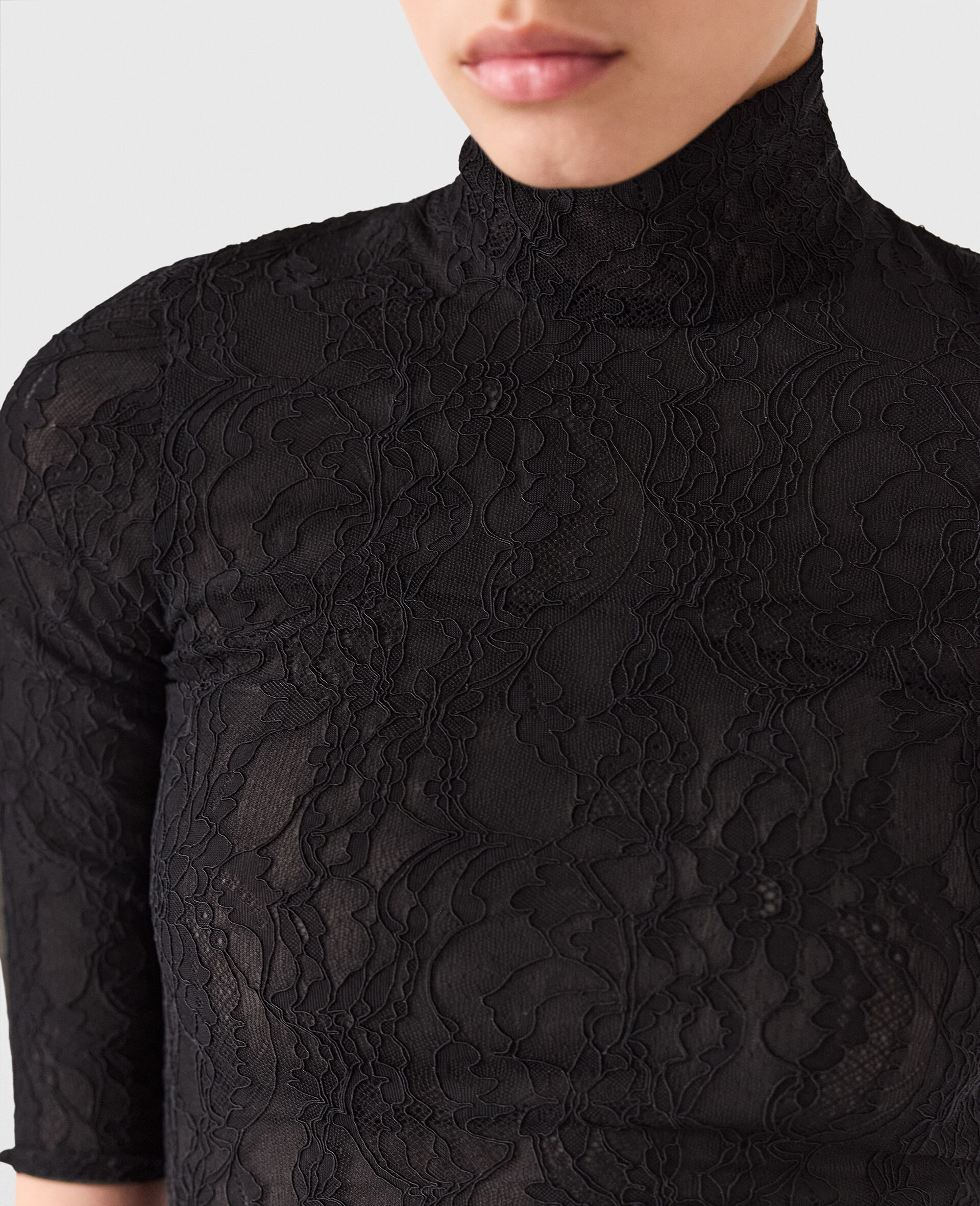 Turtleneck Lace 3/4 Sleeve Top-Black-large image number 3