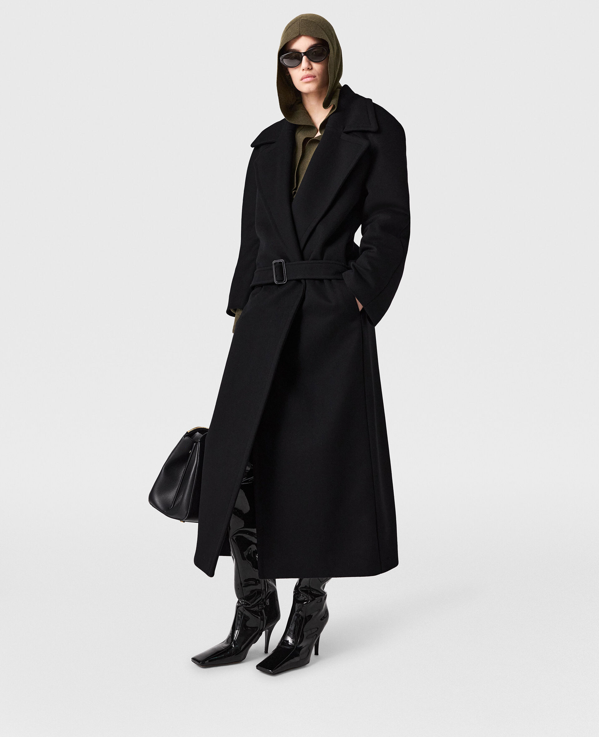 Belted Tonal Buckle Trenchcoat-Black-model