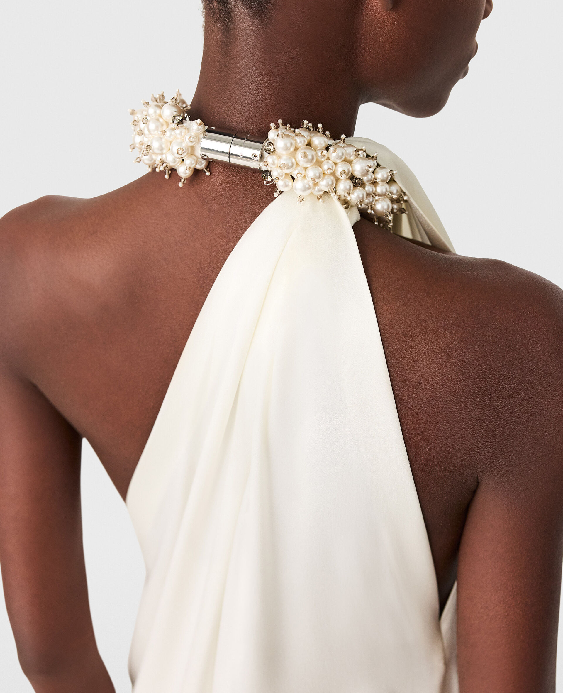 Embellished Halterneck Asymmetric Satin Dress -Cream-large image number 5