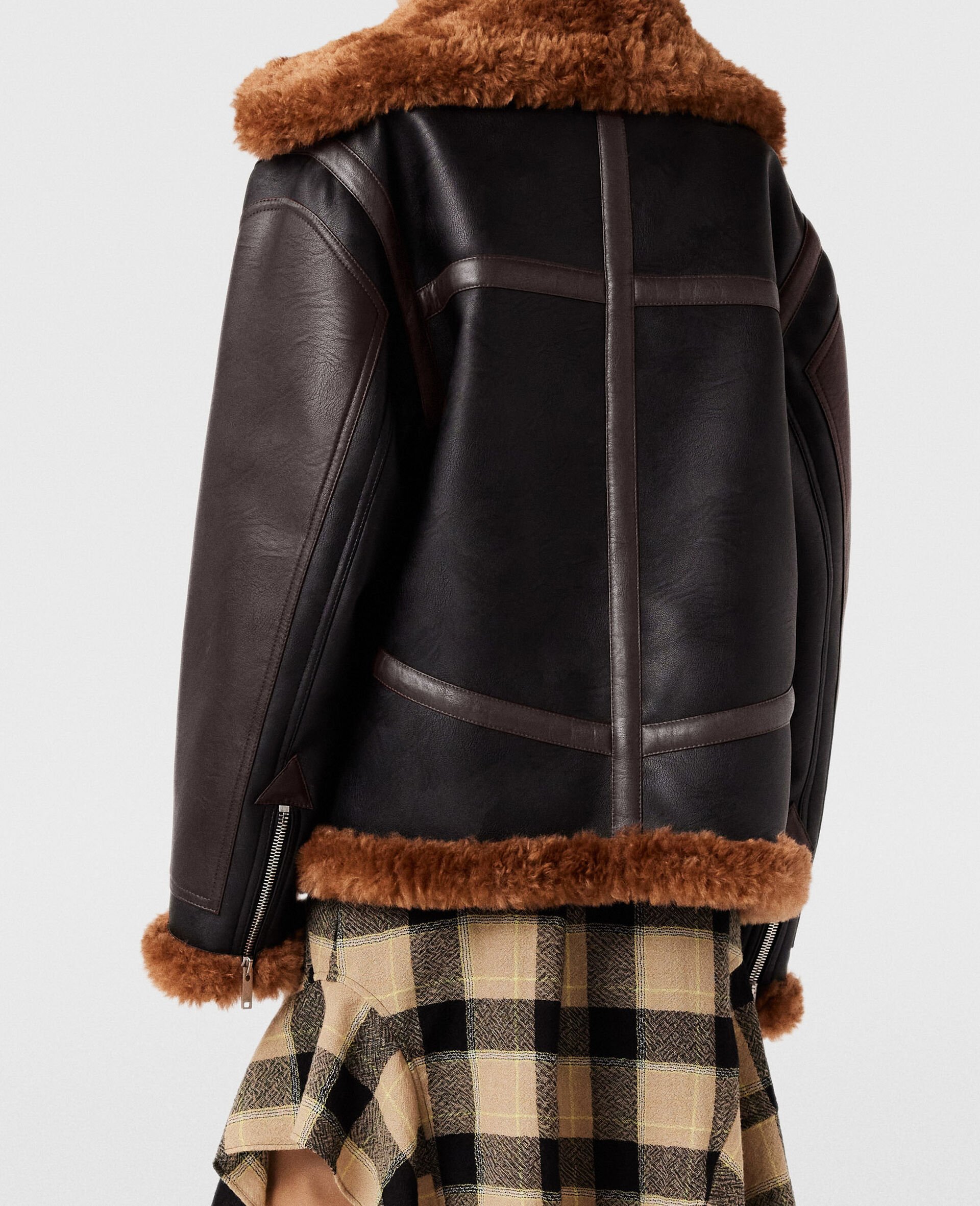 Plush Teddy Panelled Biker Jacket-Black-large image number 4