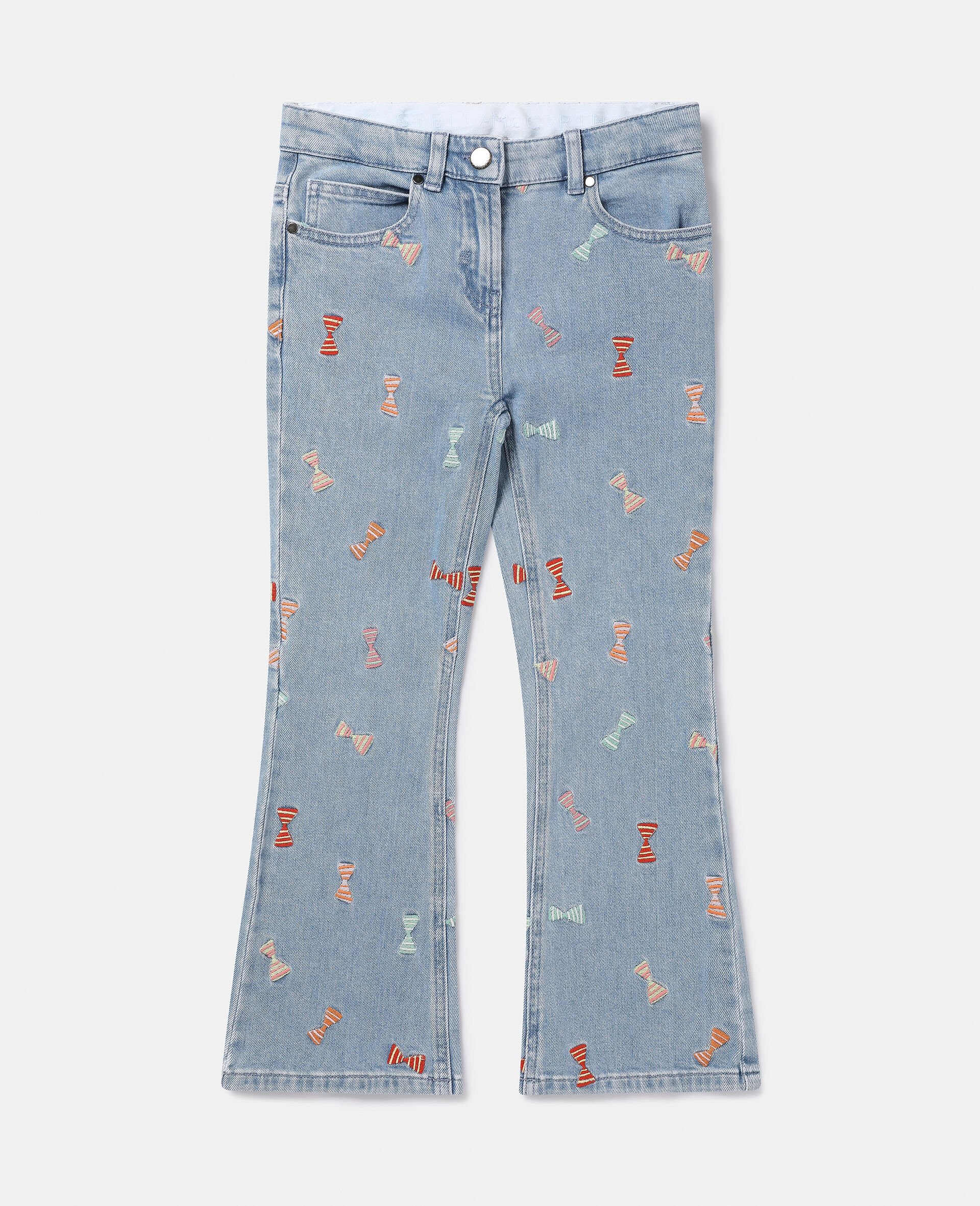 Striped Bow Print Flared Jeans-Blu-large image number 0