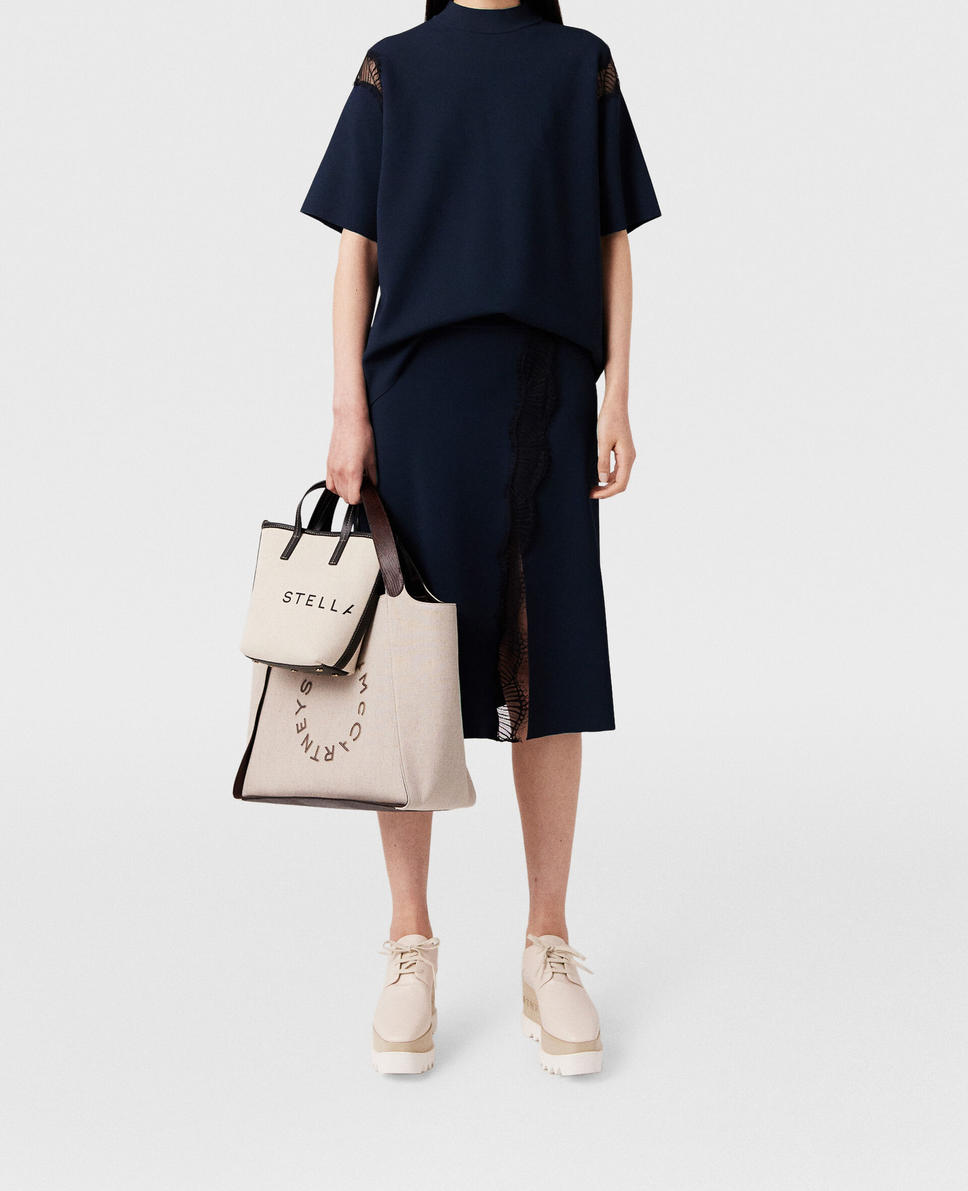 Lace Insert High Neck Top-Blue-model