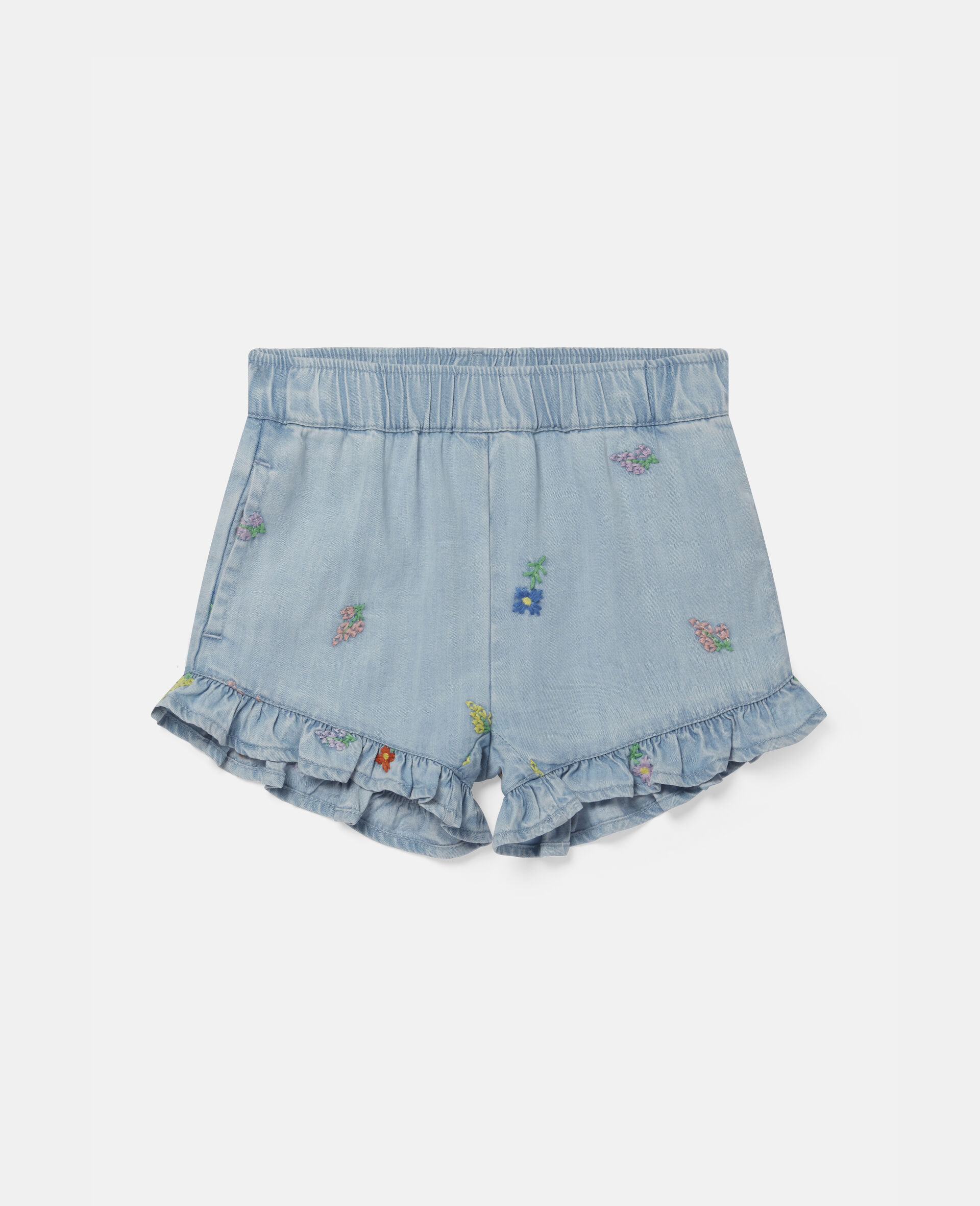 Embroidered Flowers Denim Shorts-Blue-large