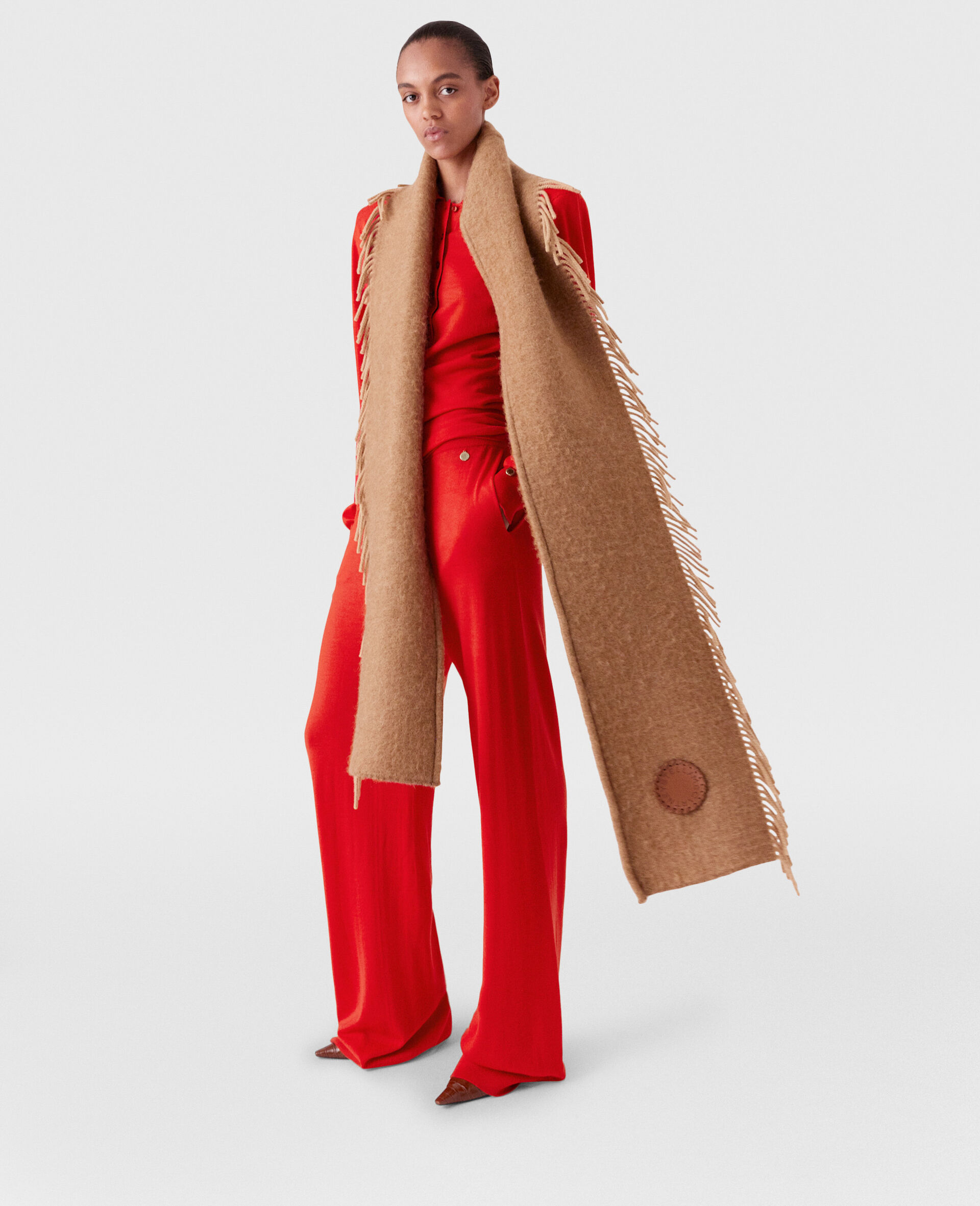 フリンジ付きロゴ スカーフ-ブラウン-large image number 1