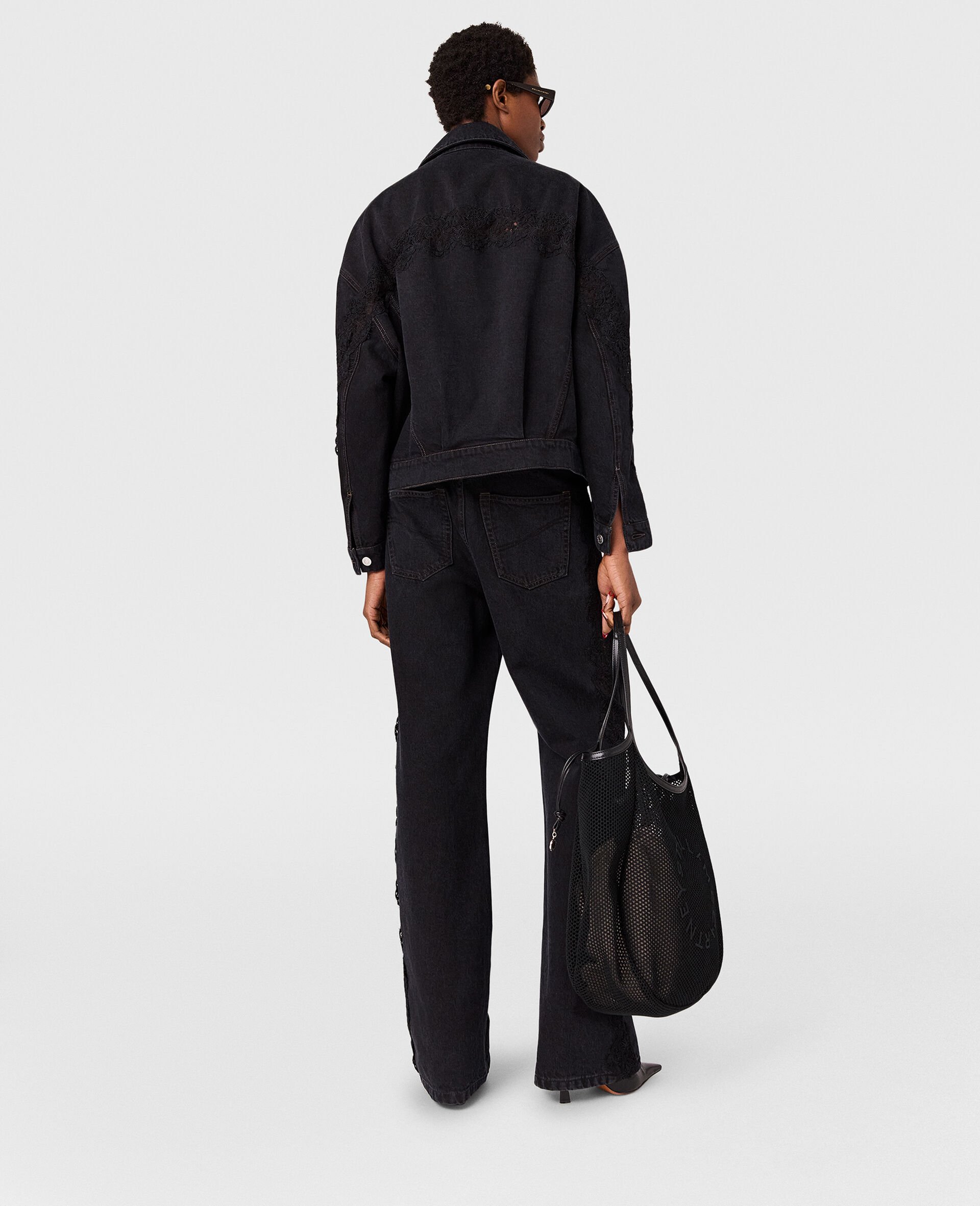 蕾丝高腰直筒牛仔裤-黑色-large image number 3