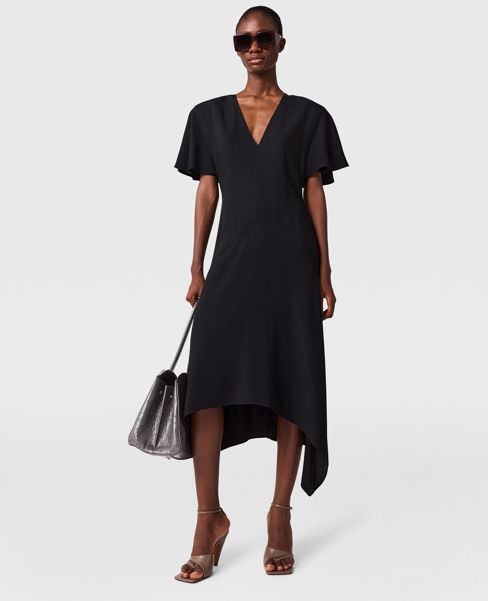 V-Neck Short-Sleeve Satin Midi Dress-Black-large image number 1