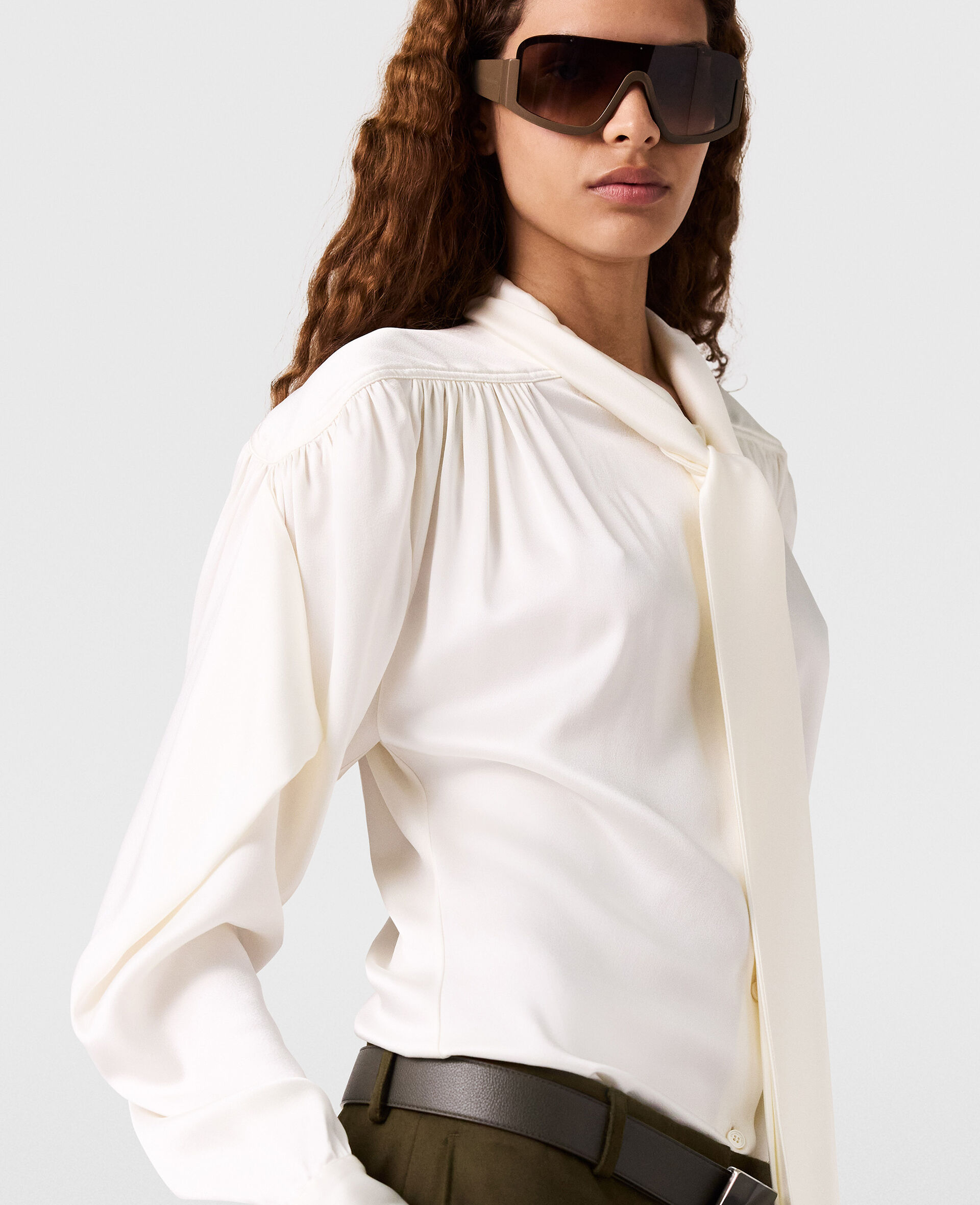 Neck-Tie Shoulder Pad Long-Sleeve Shirt-White-large image number 2