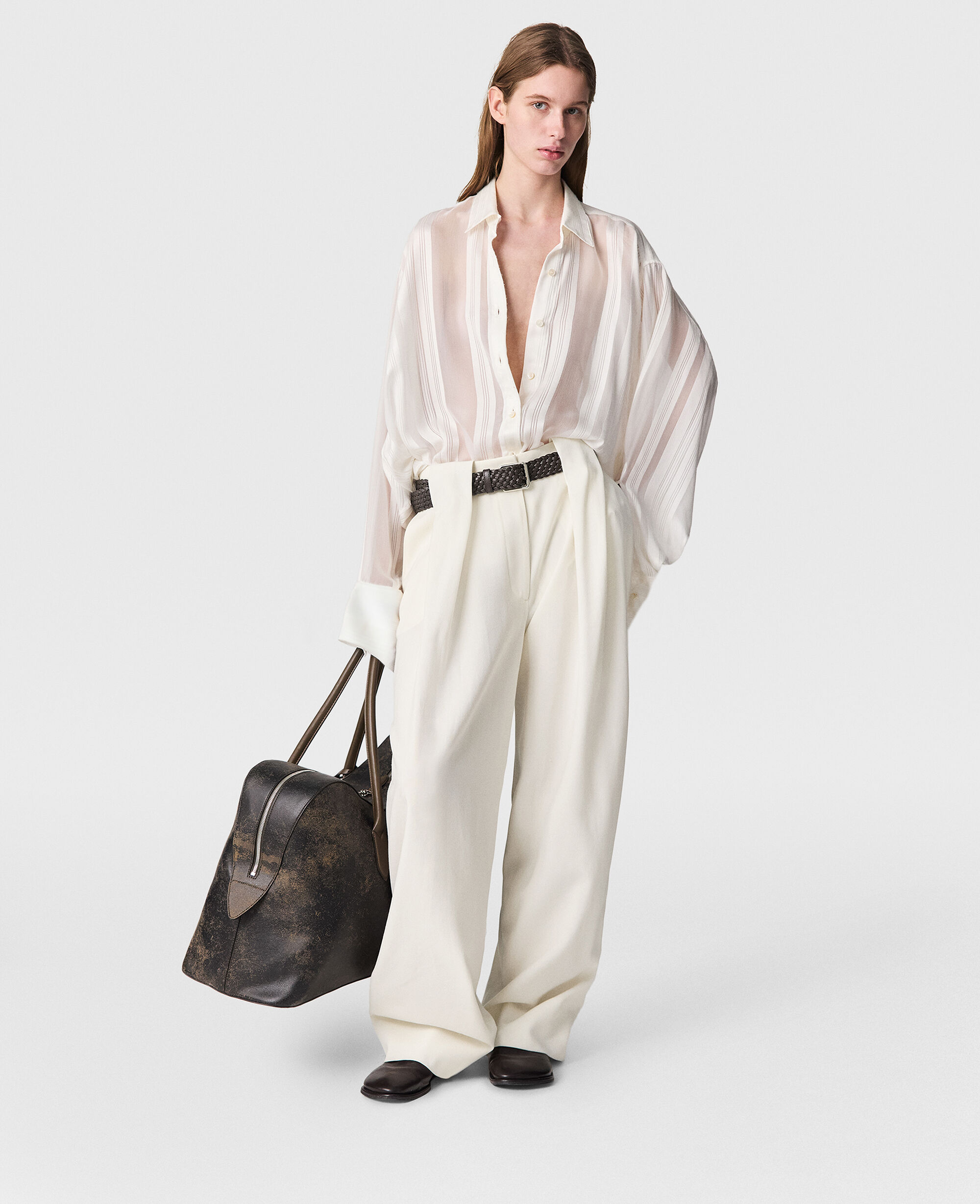 【送料&関税込】Stella Mccartney Shirt With Pocket Women White Oversized Sheer Striped Panelled Shirt | Stella