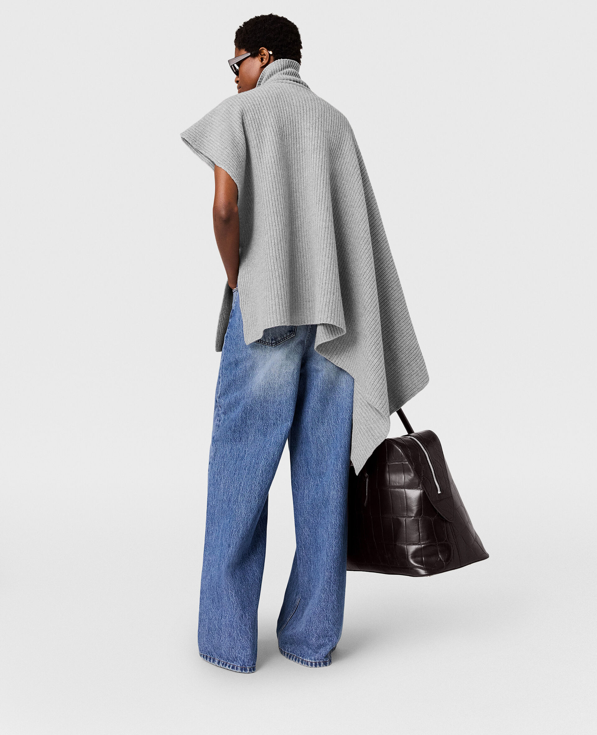 Knit Asymmetric Turtleneck Poncho-Grey-large image number 4