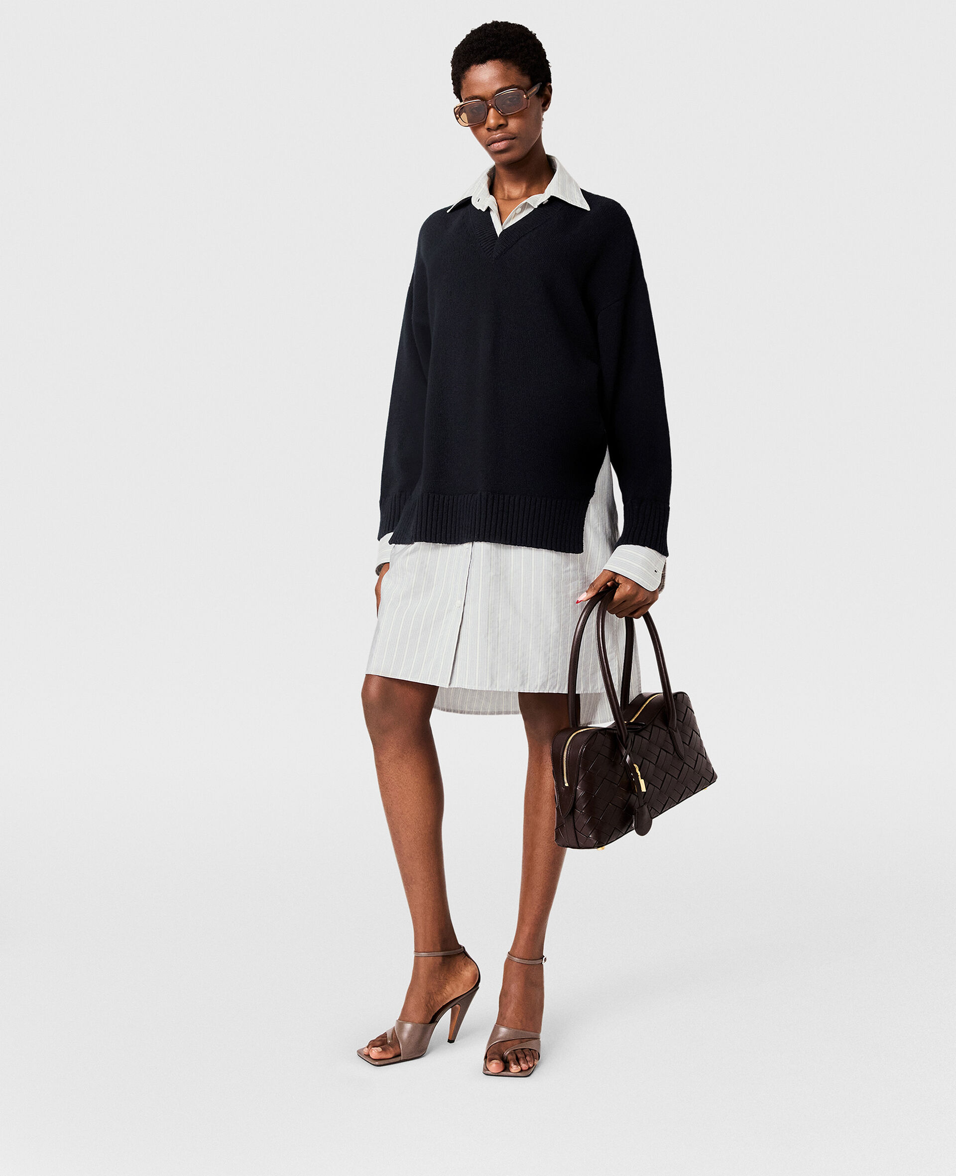 Crewneck Sweater Shirt Dress-Blue-model