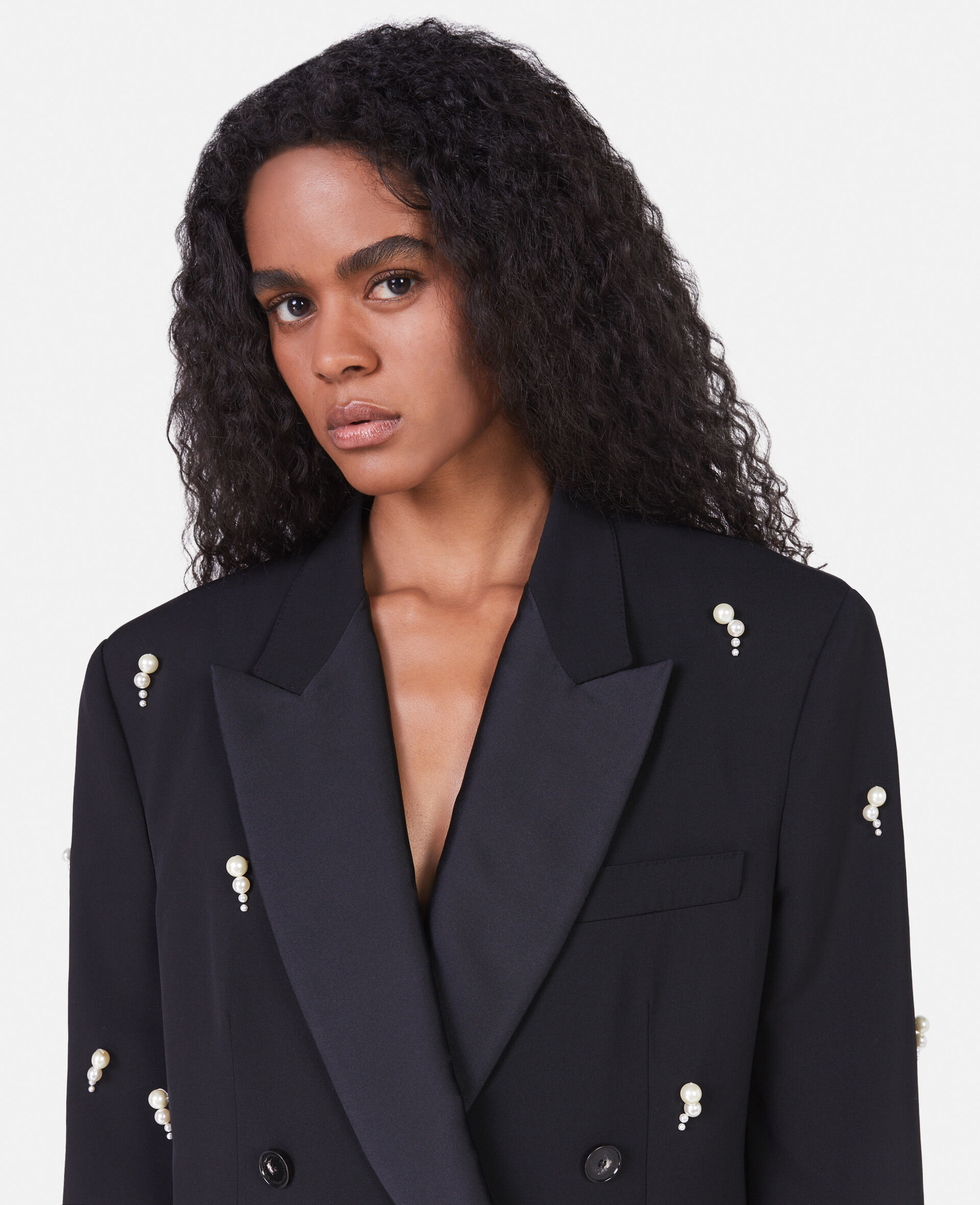 Blazer Doppiopetto Oversize con Perle Ricamate-Nero-large image number 4