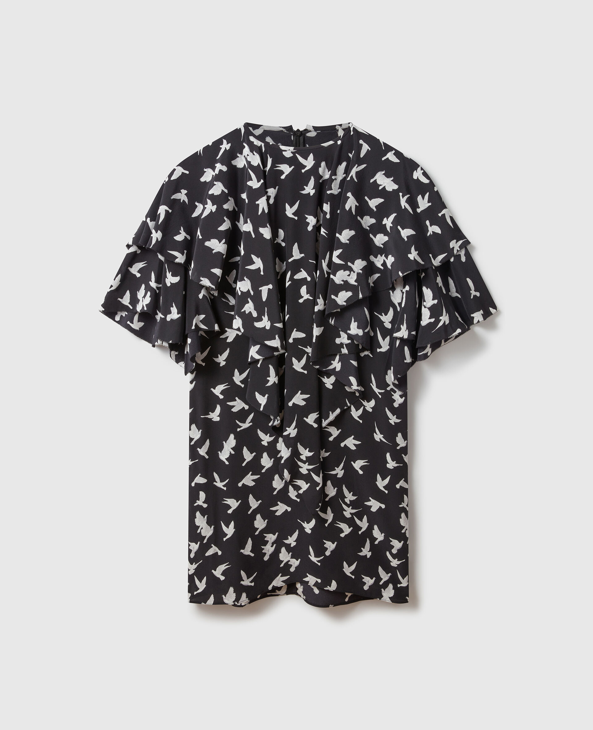 Layered Short Sleeve Dove Print Mini Dress-Black-medium