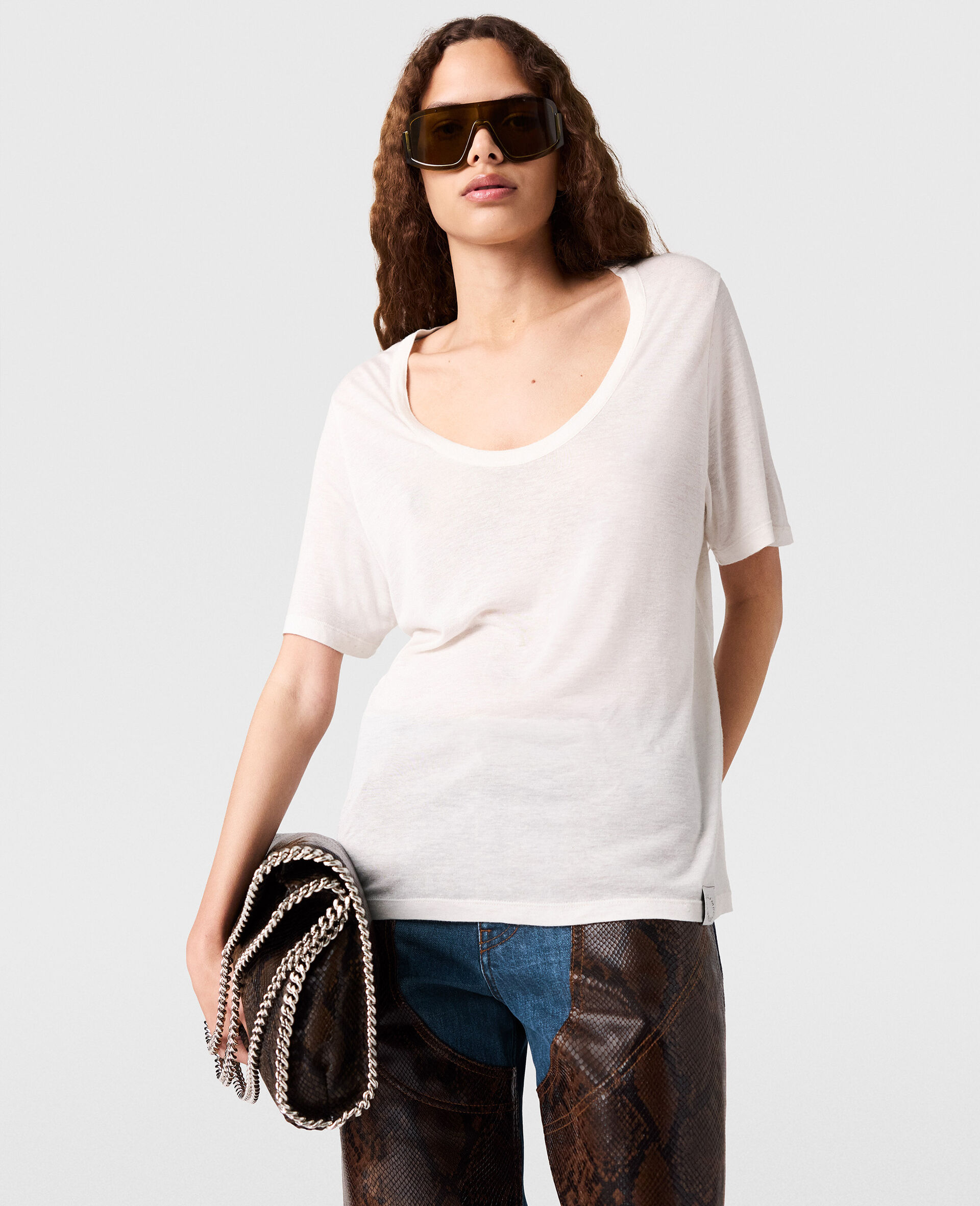 Semi-Sheer Knit Crewneck T-Shirt-White-model