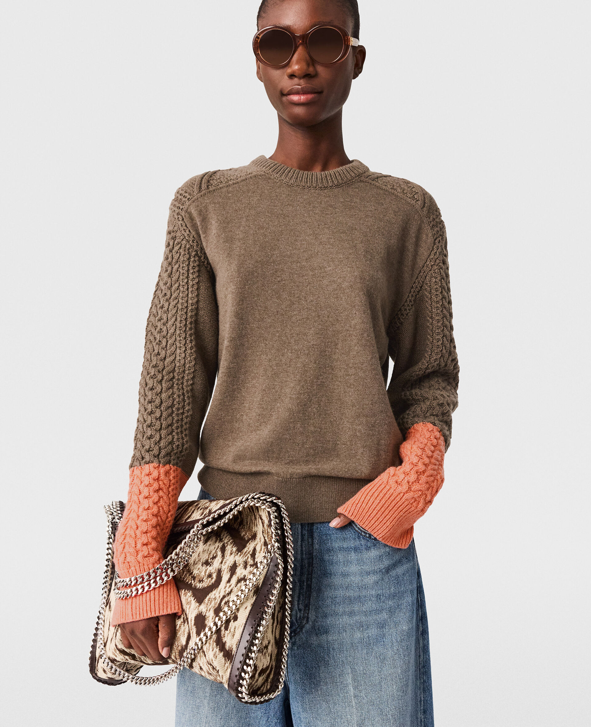 Pull a col ras du cou en maille hybride-Marron-medium