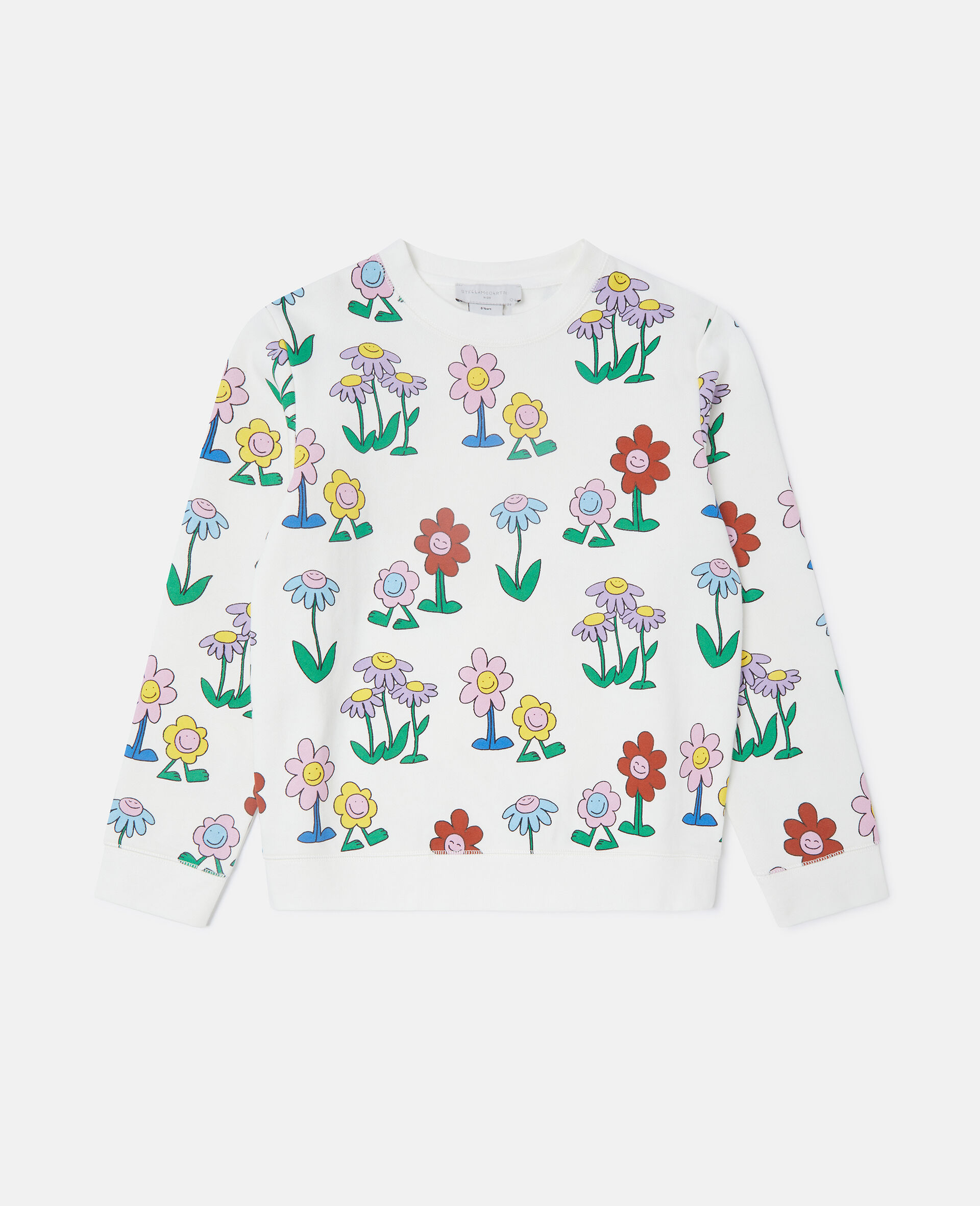 Flower Print Crewneck Sweatshirt-White-medium