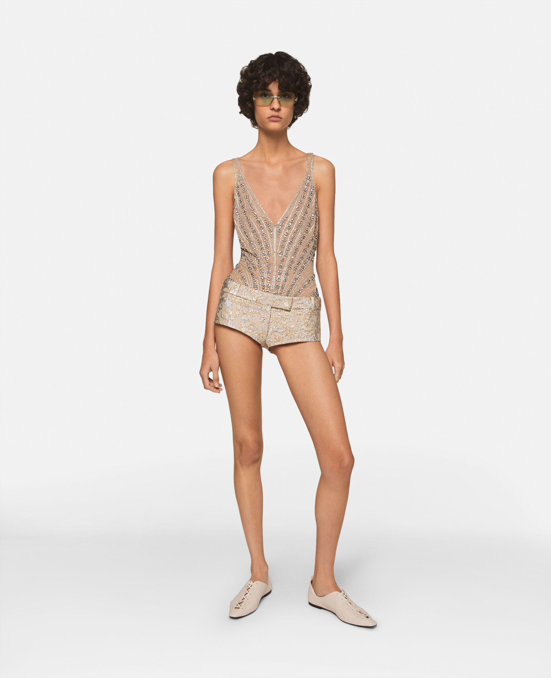 Glass Bead-Embellished Bodysuit-Cream-model