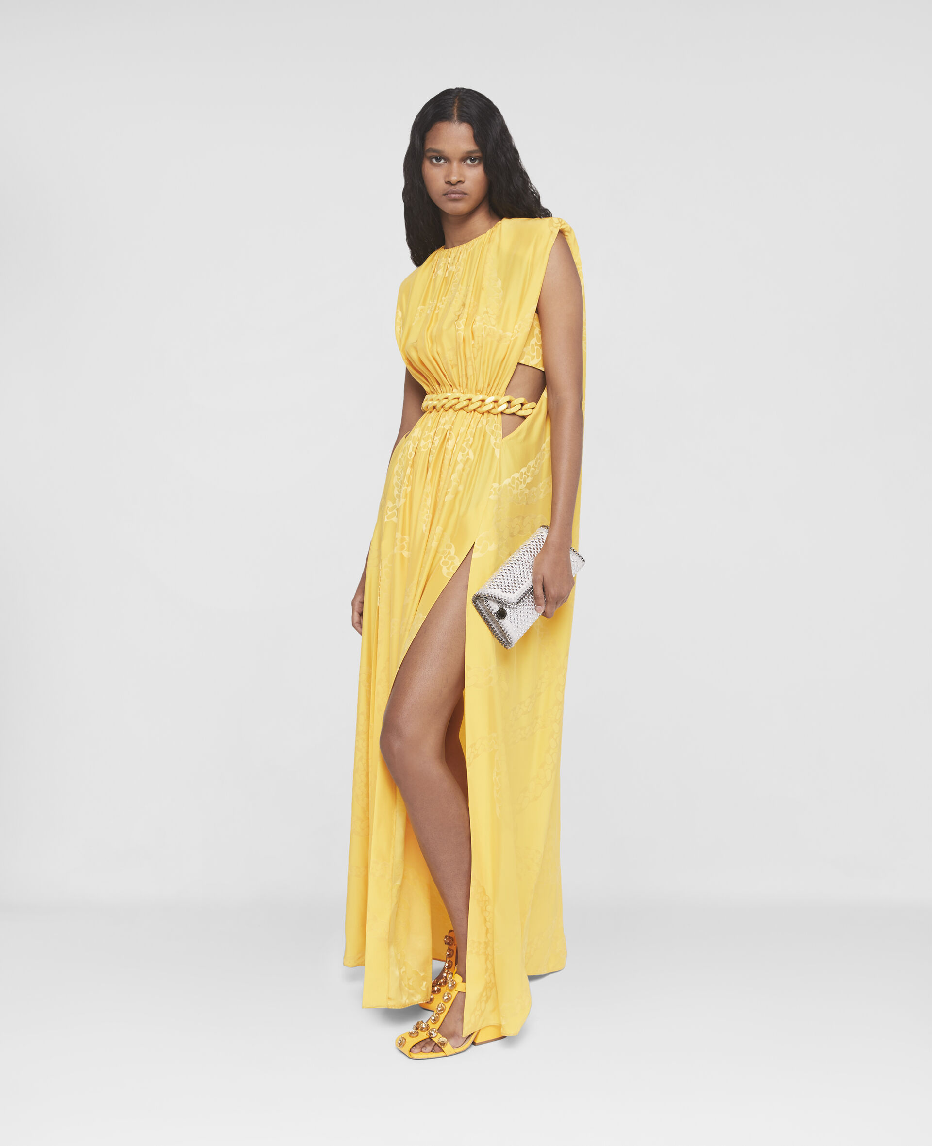 Falabella Chain Pleat Front Double Satin Maxi Dress-Yellow-large image number 1