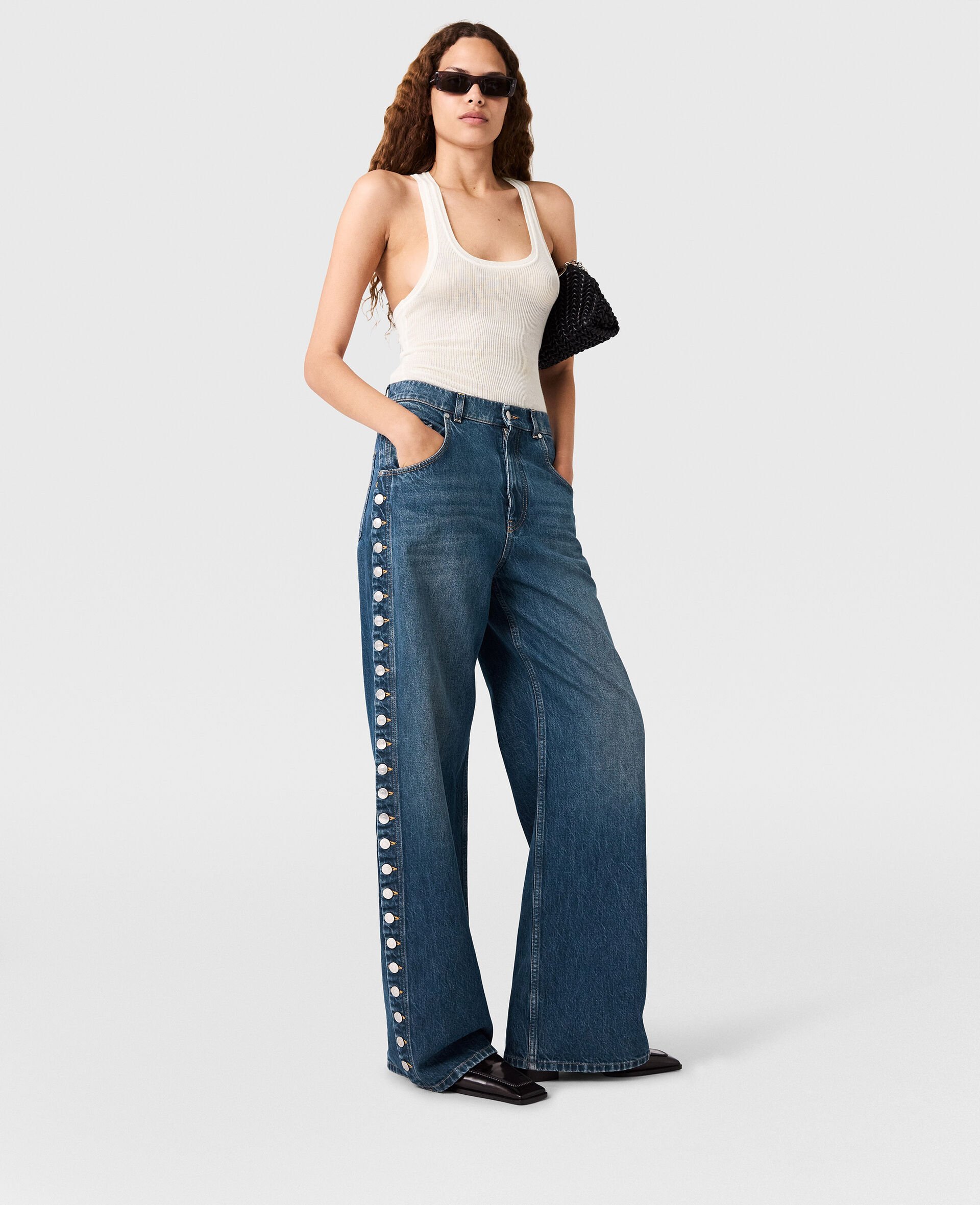 Popper-Studded Straight-Leg Jeans-Blue-model