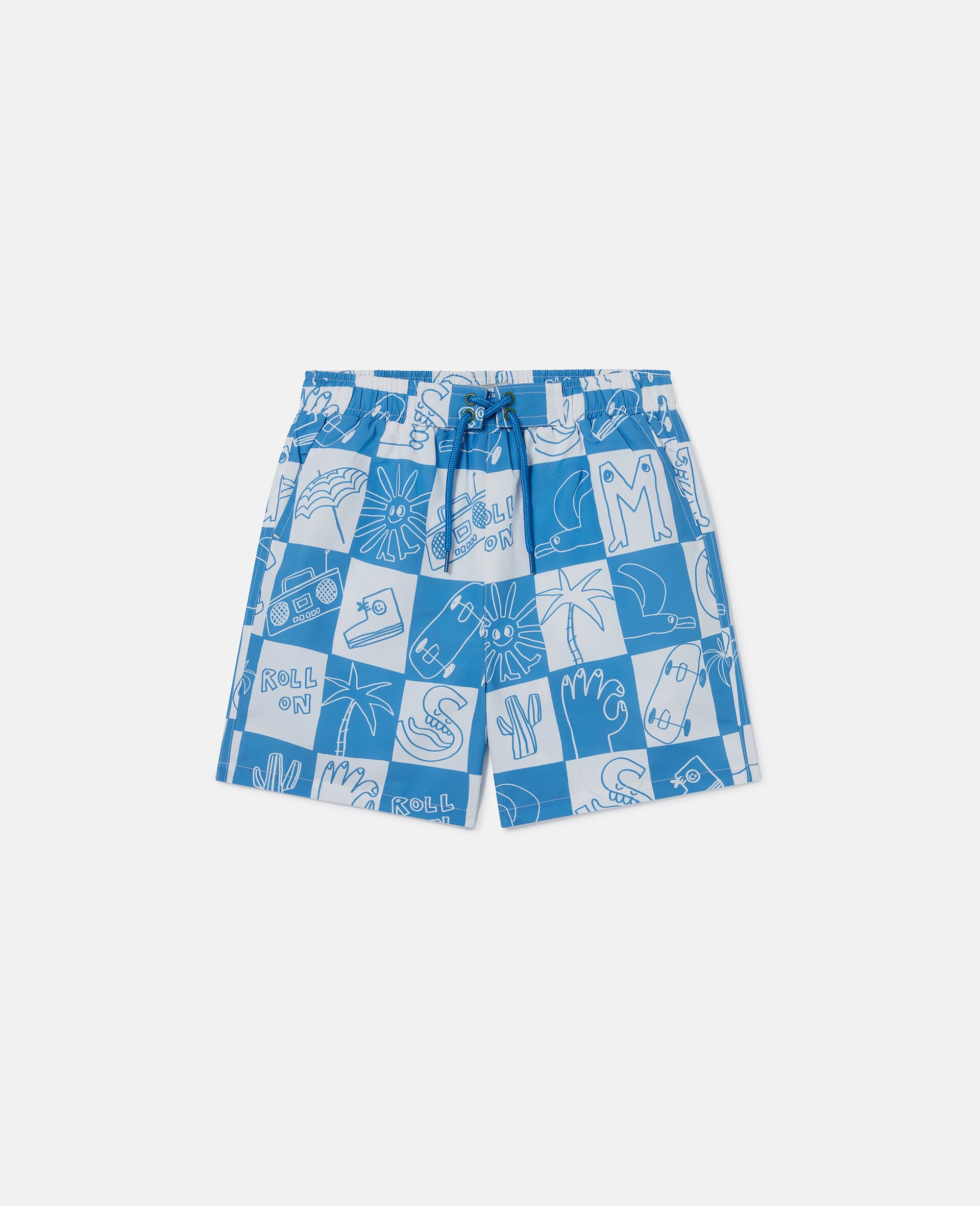 Karierte Badehose mit Markenschriftzug-Blau-medium