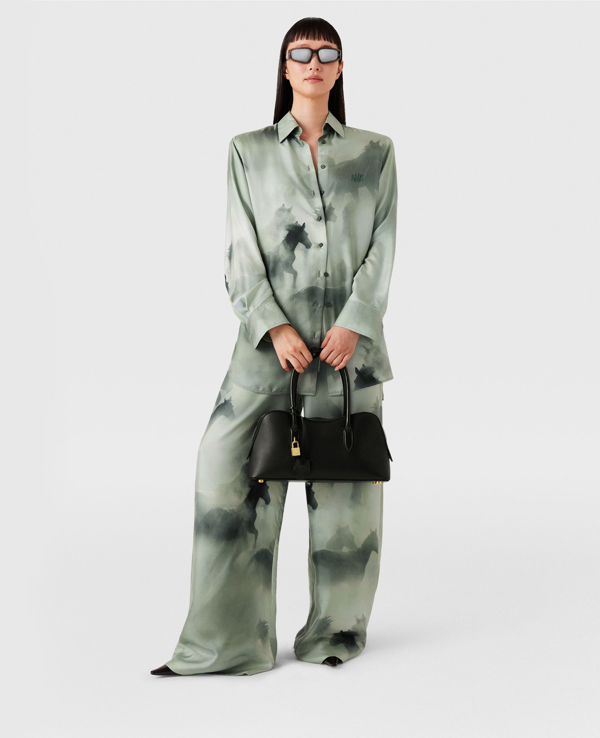 Drawstring Horse Print Pants-Green-model