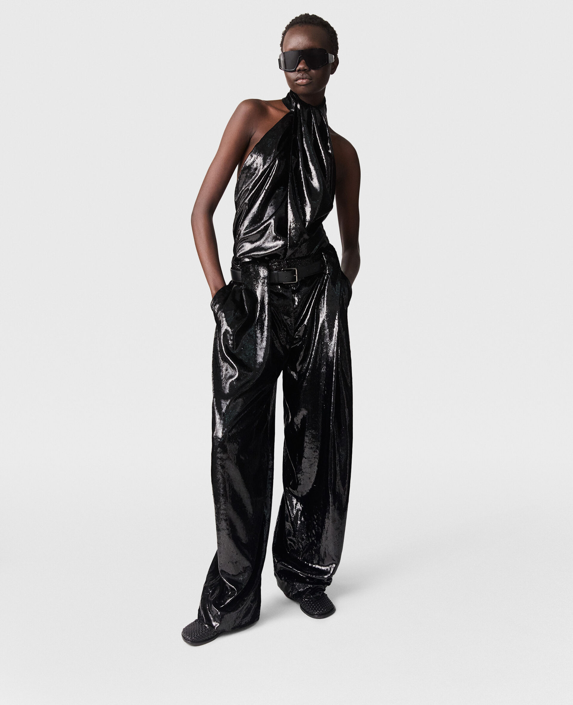 Slouchy Paneled Velvet Pants-Black-model