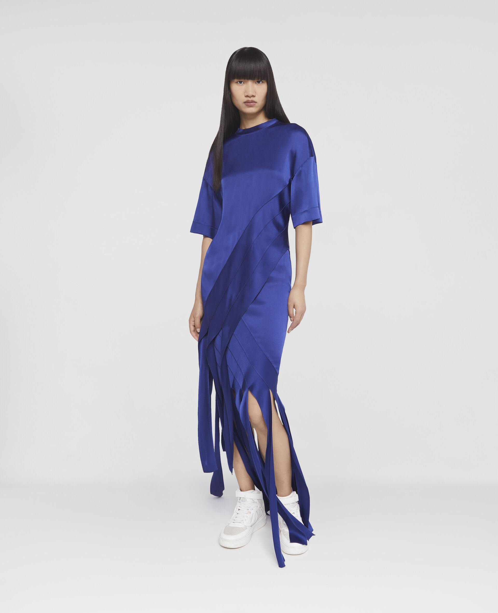 Robe a ourlet raye en satin double-Bleu-large image number 1