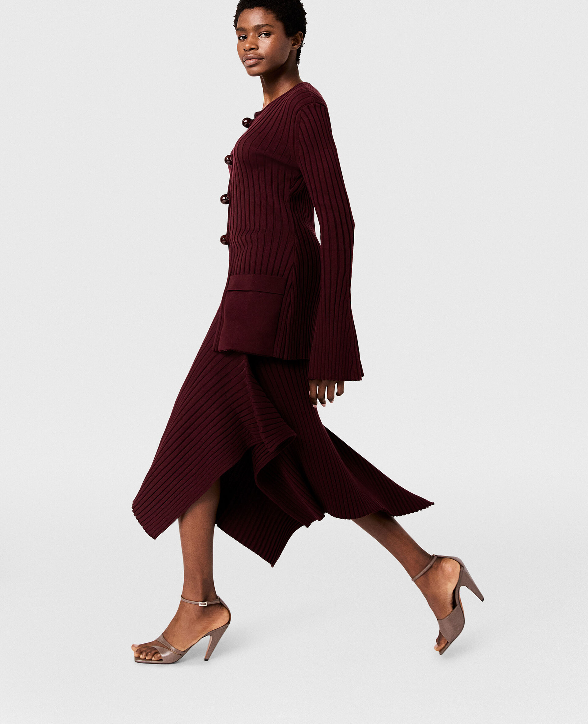 Knit Kick-Flare Midi Skirt-Red-large image number 6