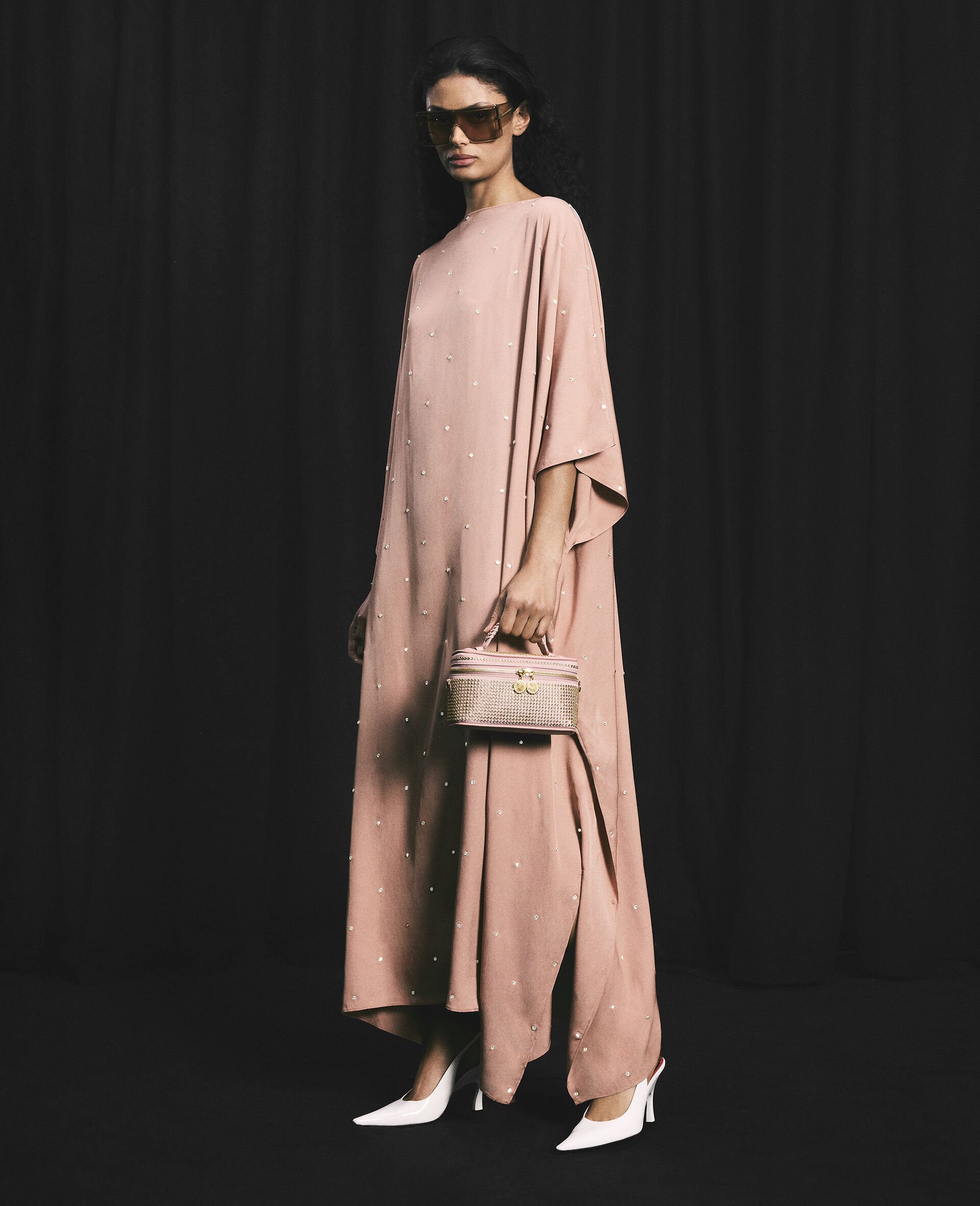 Abito kaftano con cristalli senza piombo-Rosa-model