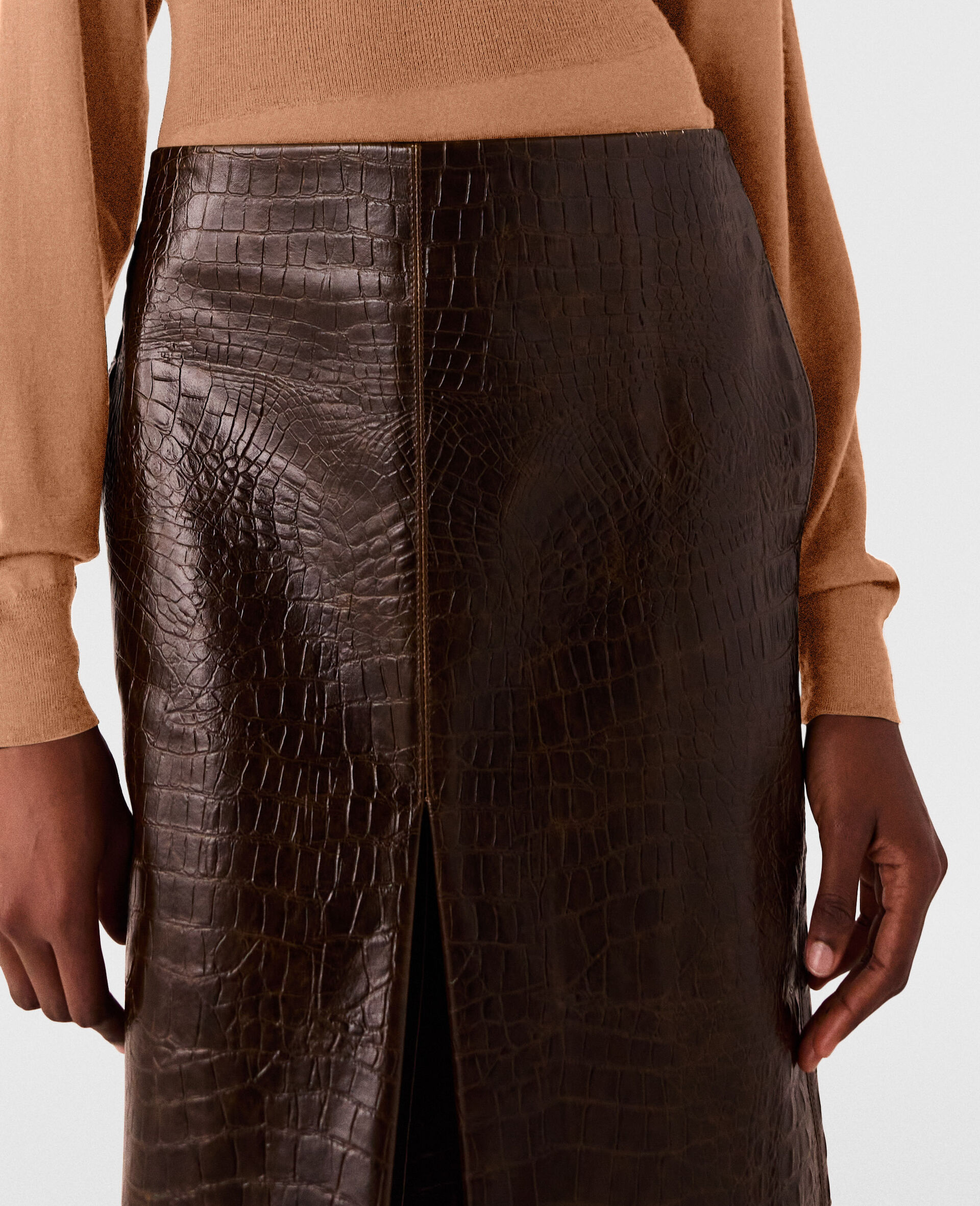 Crocodile Embossed Midi Skirt-Brown-large image number 3