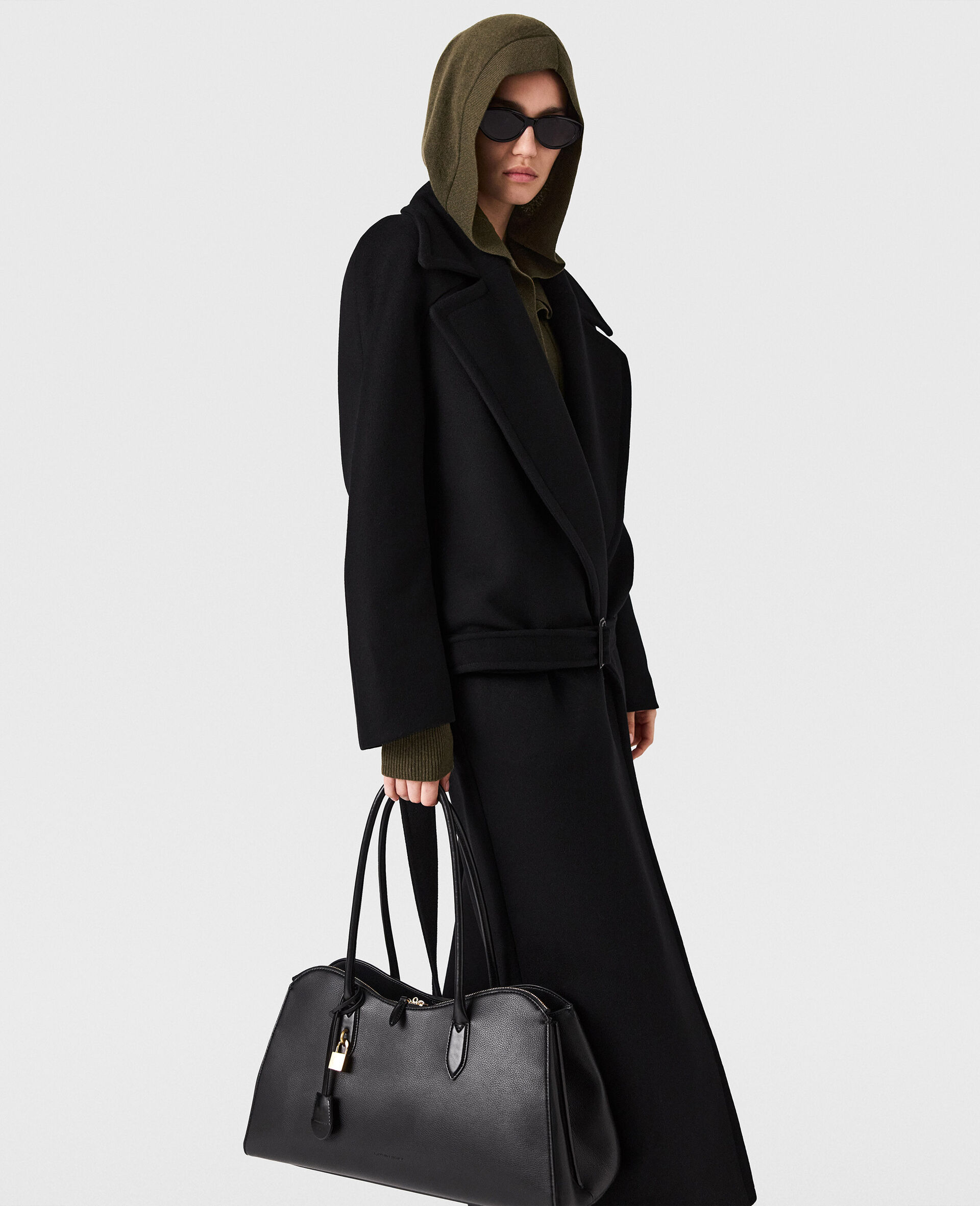 Belted Tonal Buckle Trenchcoat-Black-large image number 2