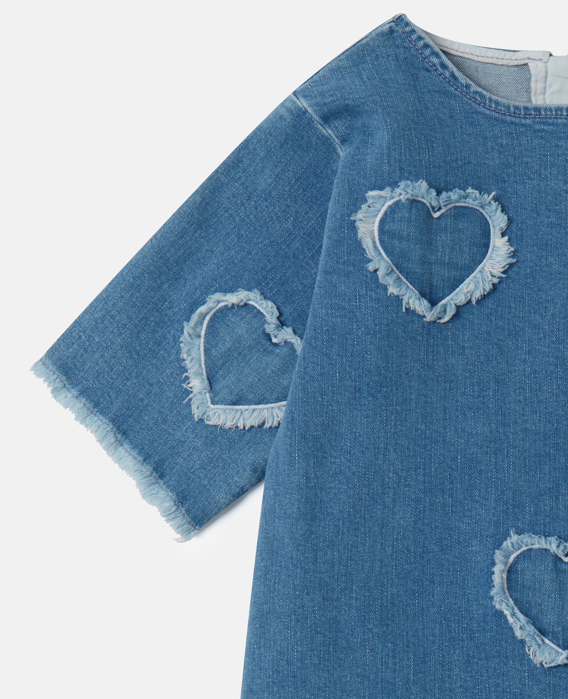 Fringed-Heart Patch Stretch-Denim Dress-Blue-large image number 3