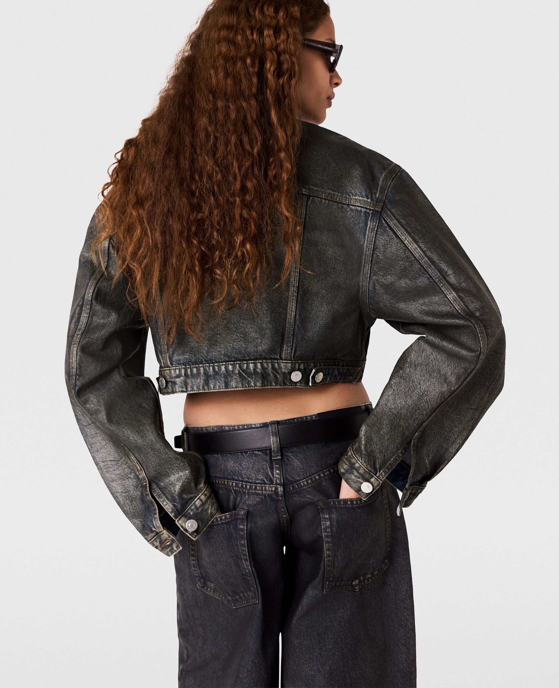 Aged Panelled Cropped Denim Jacket-Blue-large image number 4