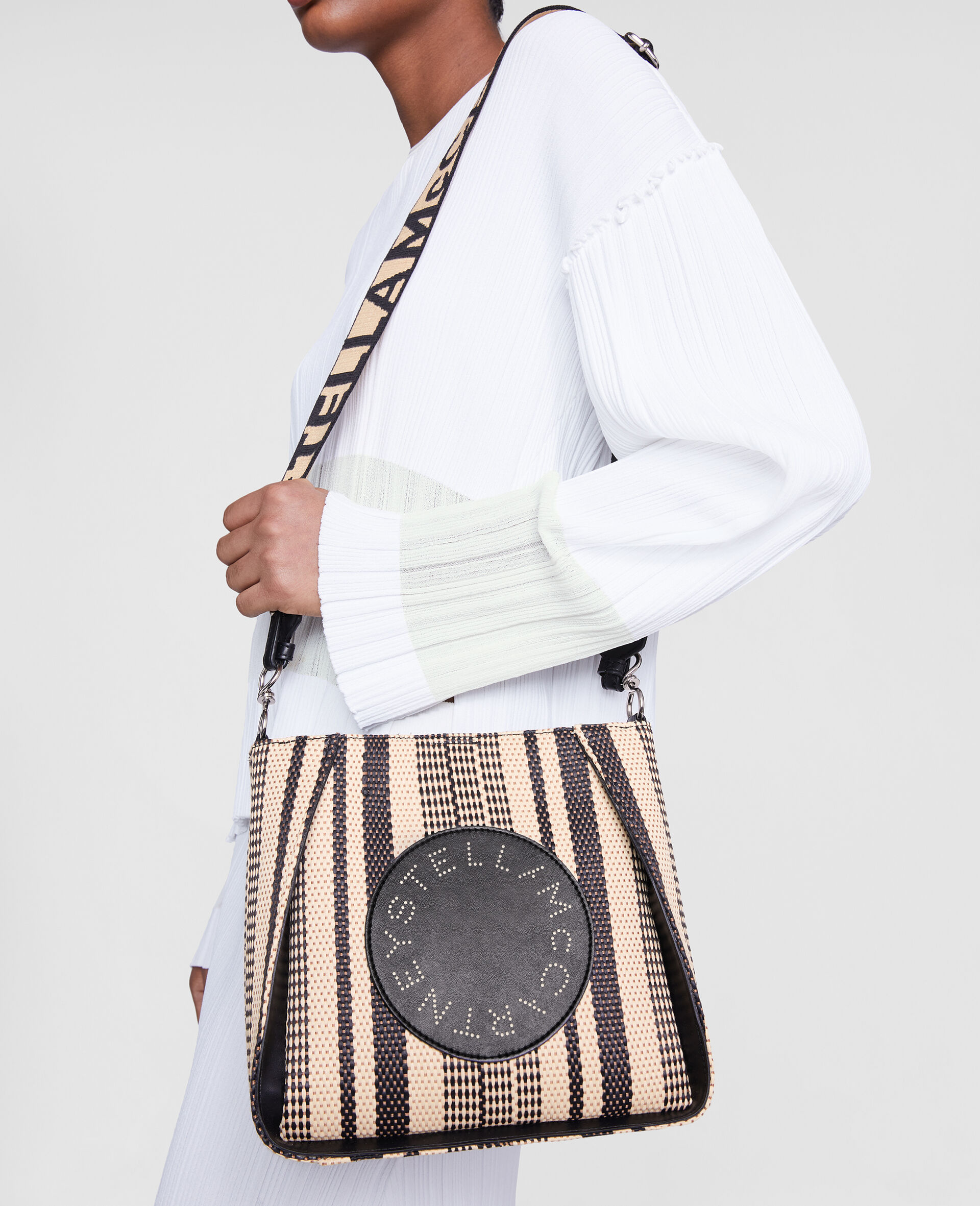 Stella Logo Striped Raffia Shoulder Bag-Black-large image number 4