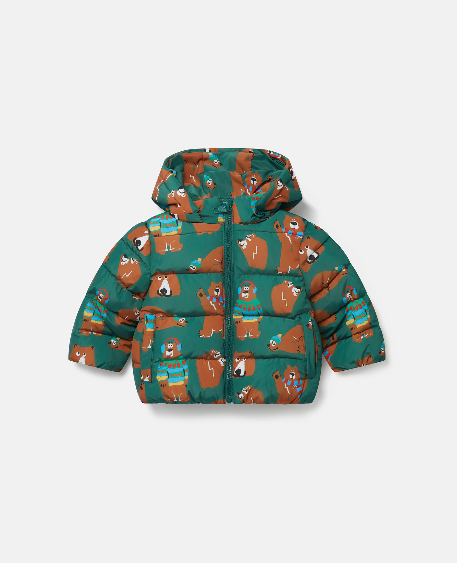 Bear Print Puffer Coat-Green-large image number 0