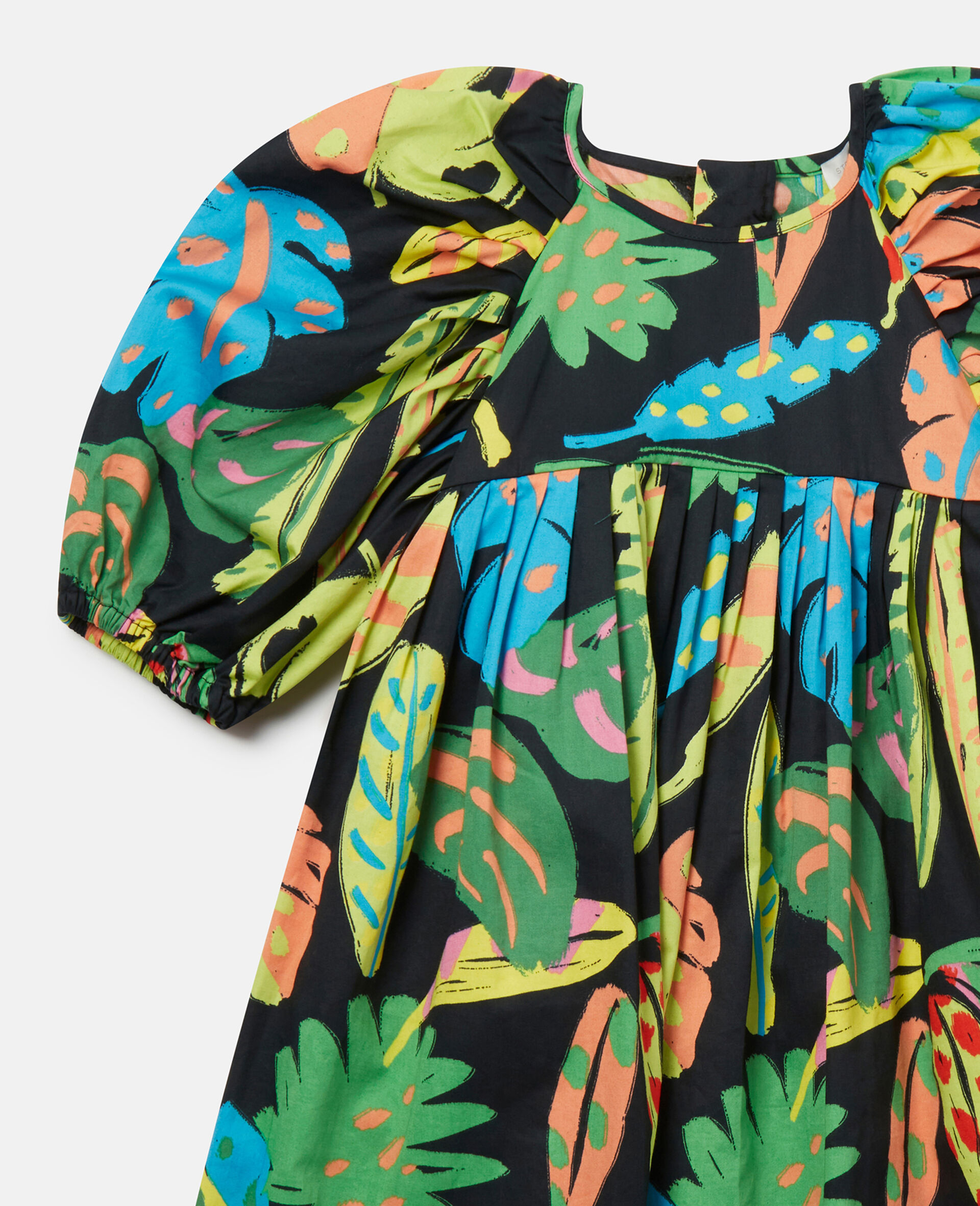 Palm Leaf Print Puff Sleeve Dress-Black-large Palm Leaf Print Puff Sleeve Dress-Black-large image number 1