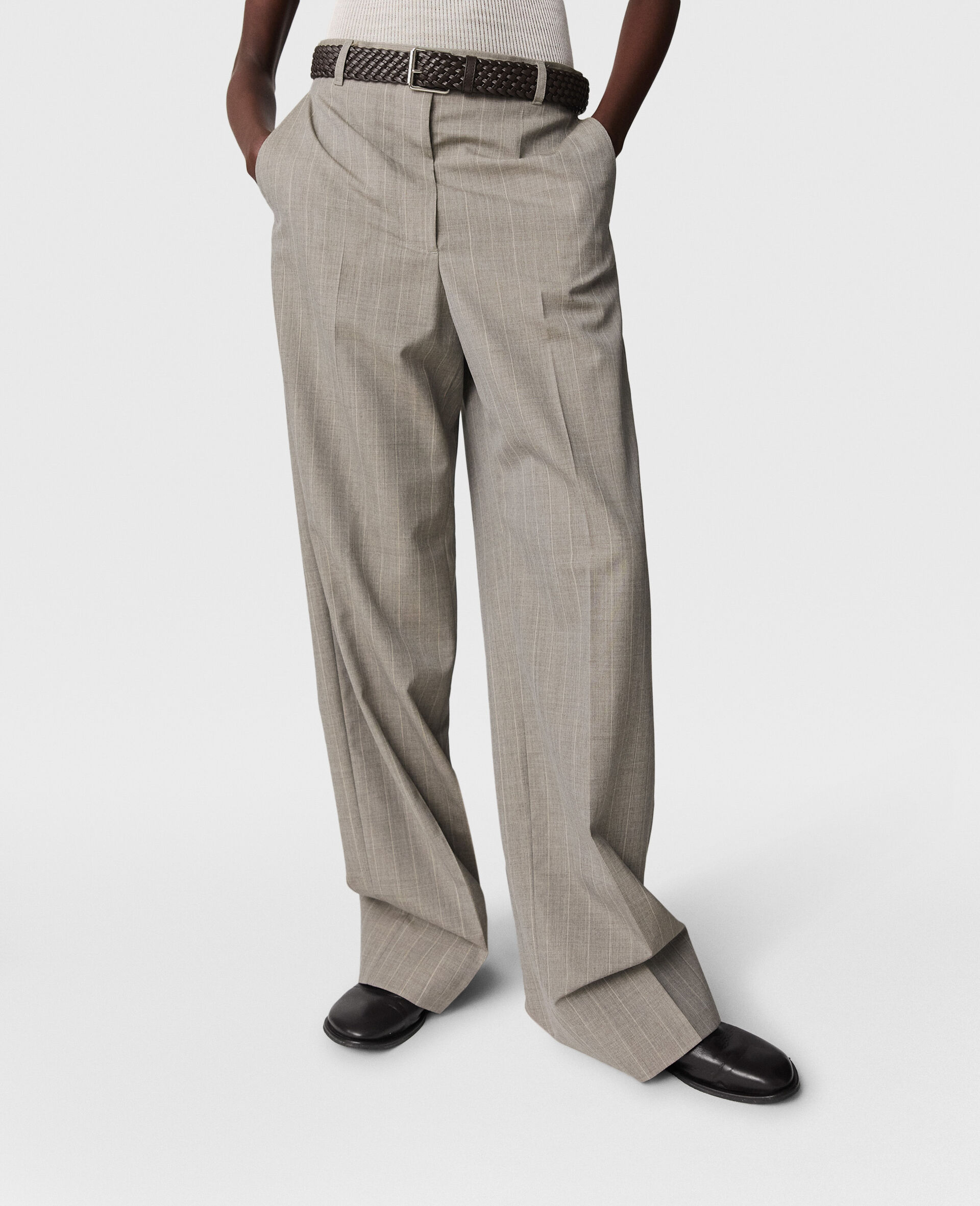 Tapered Slim-Leg Pinstripe Pants-Grey-large image number 4