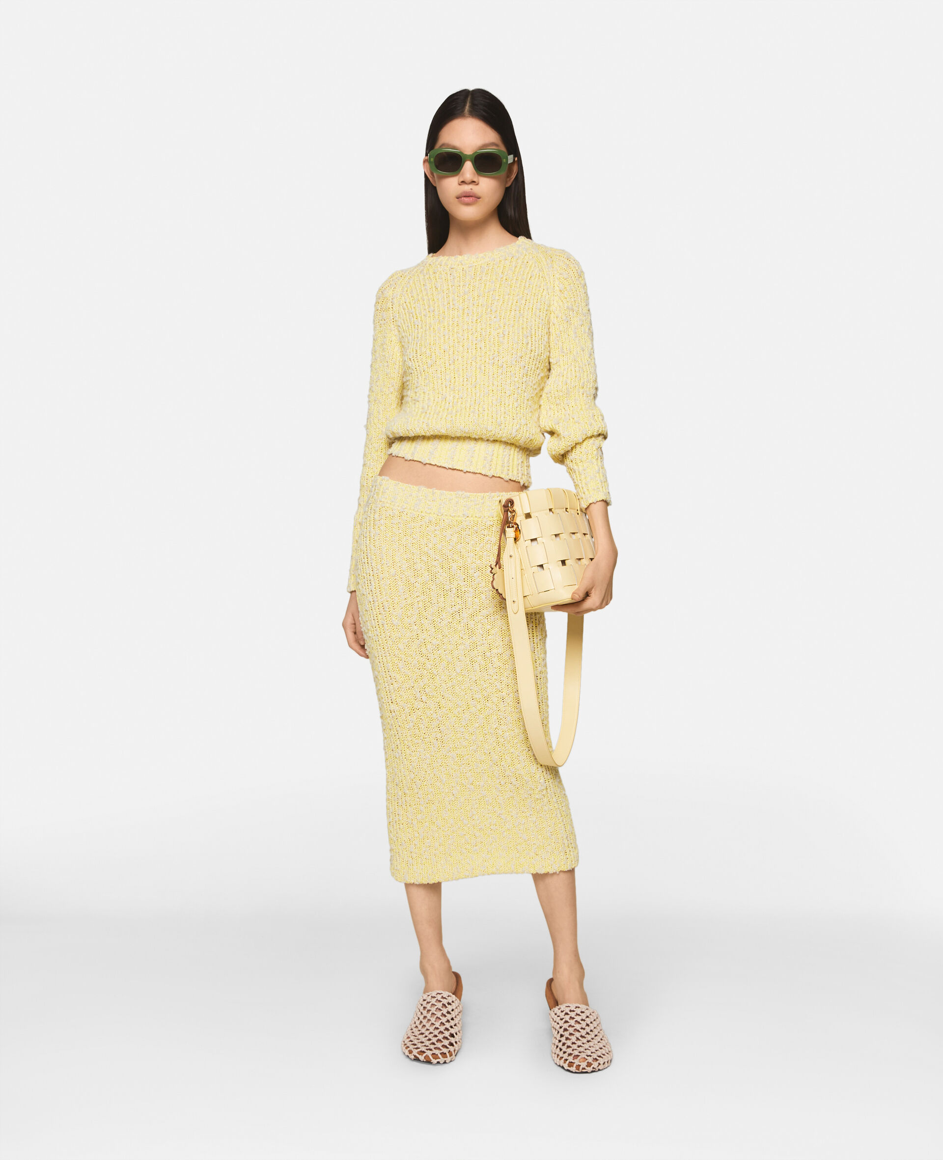 Textured Cotton Knit Crewneck Jumper-Yellow-model