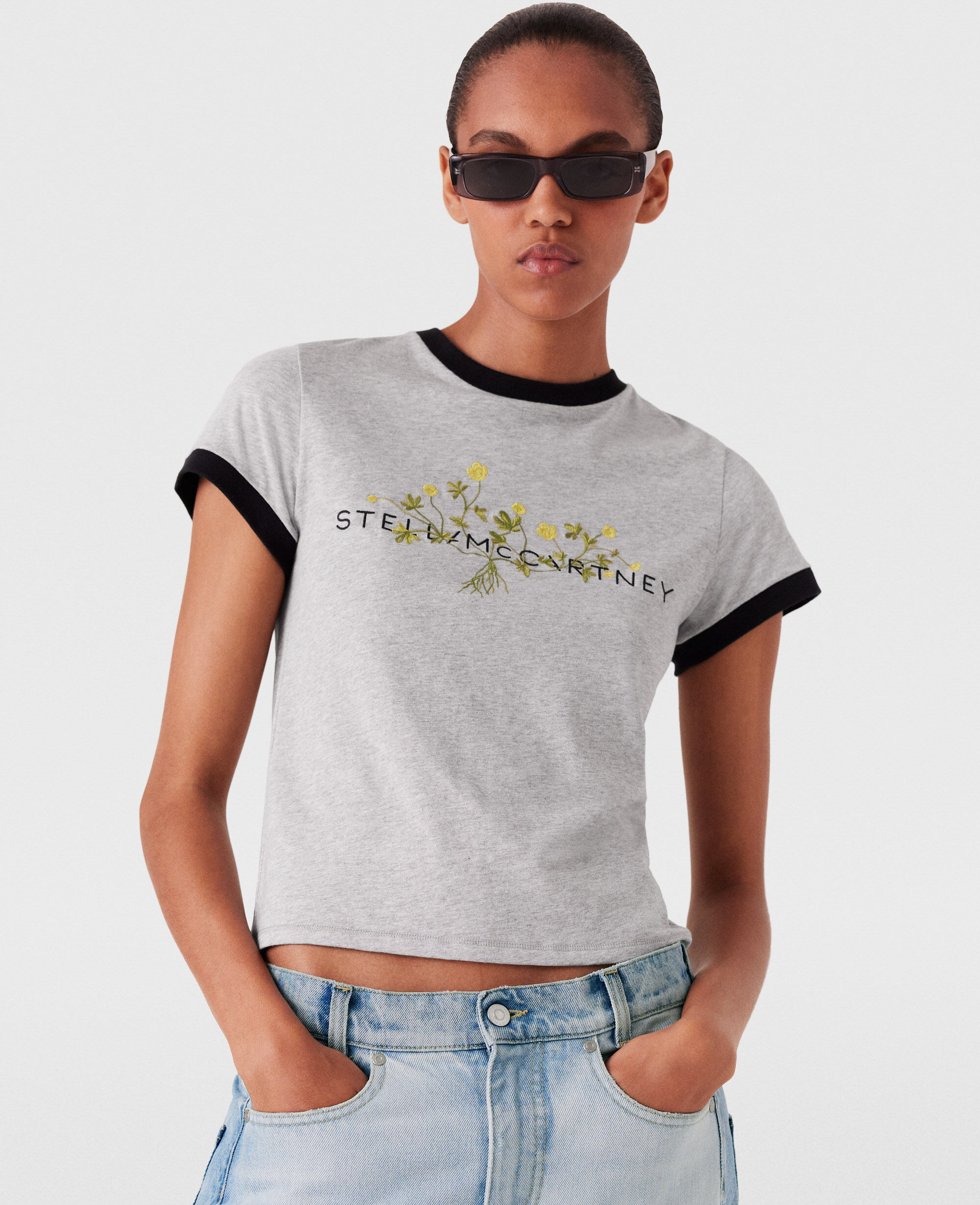 STELLA McCARTNEY◆ロゴ フローラル 刺繍 リンガーTシャツ Women グレーメランジ ロゴ フローラル エンブロイダリー T