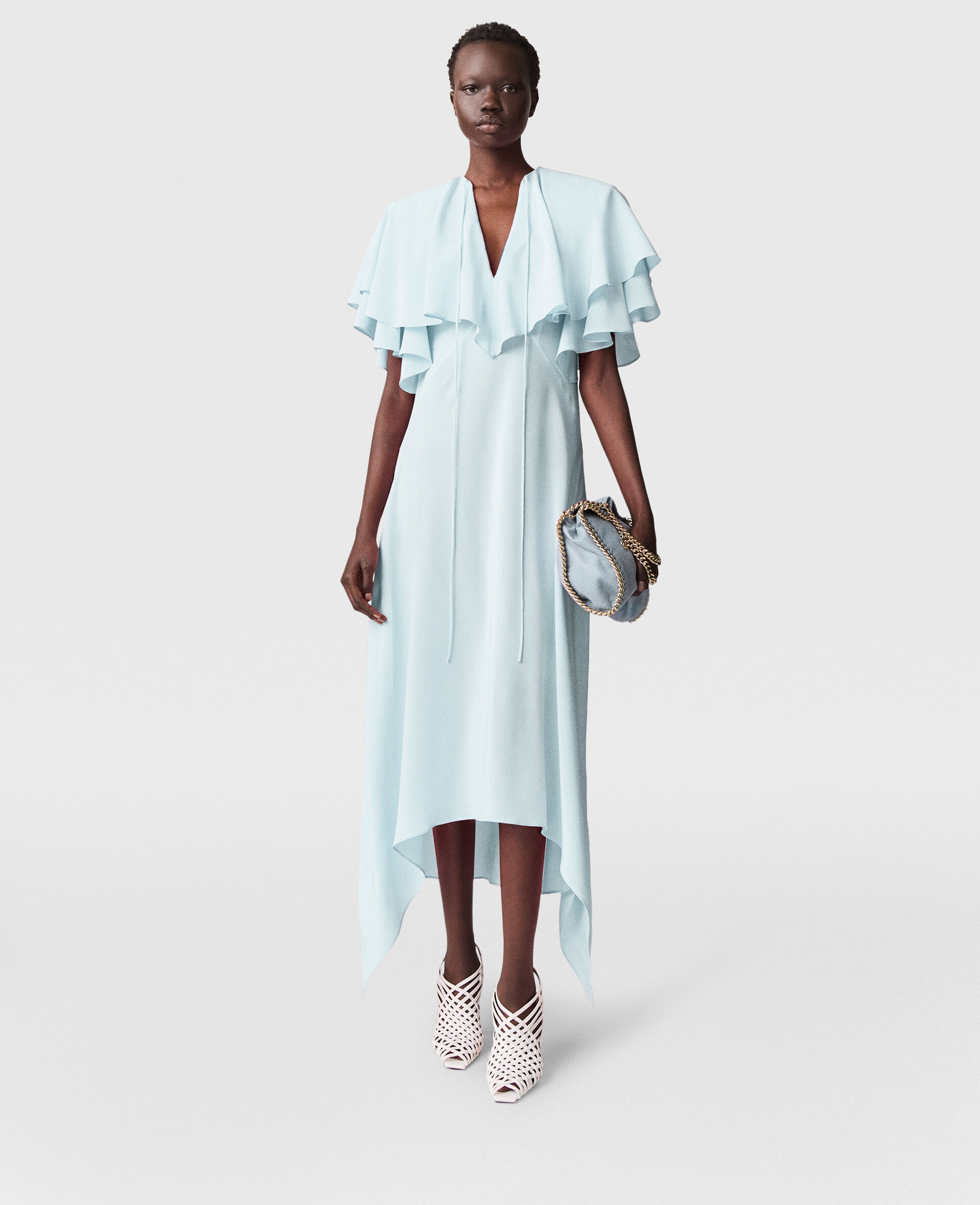 Layered Short-Sleeve Semi-Sheer Midi Dress-Blue-model