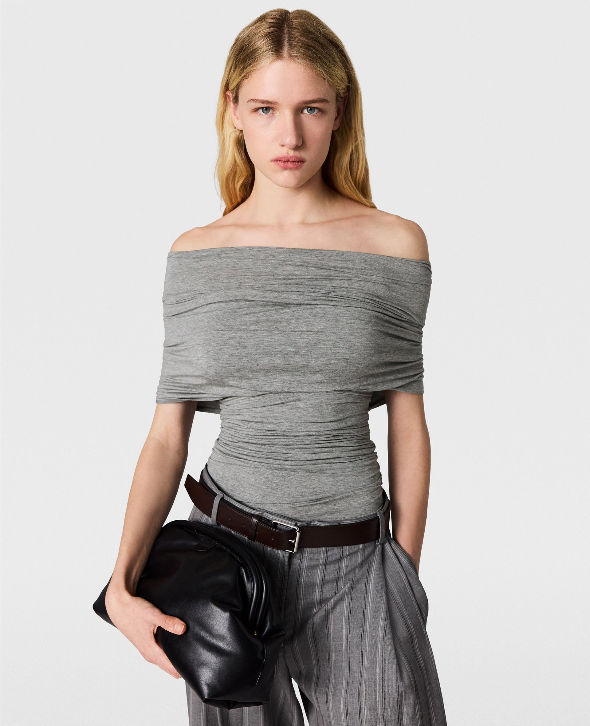 One Shoulder Twisted Wrap Top-Grey-medium