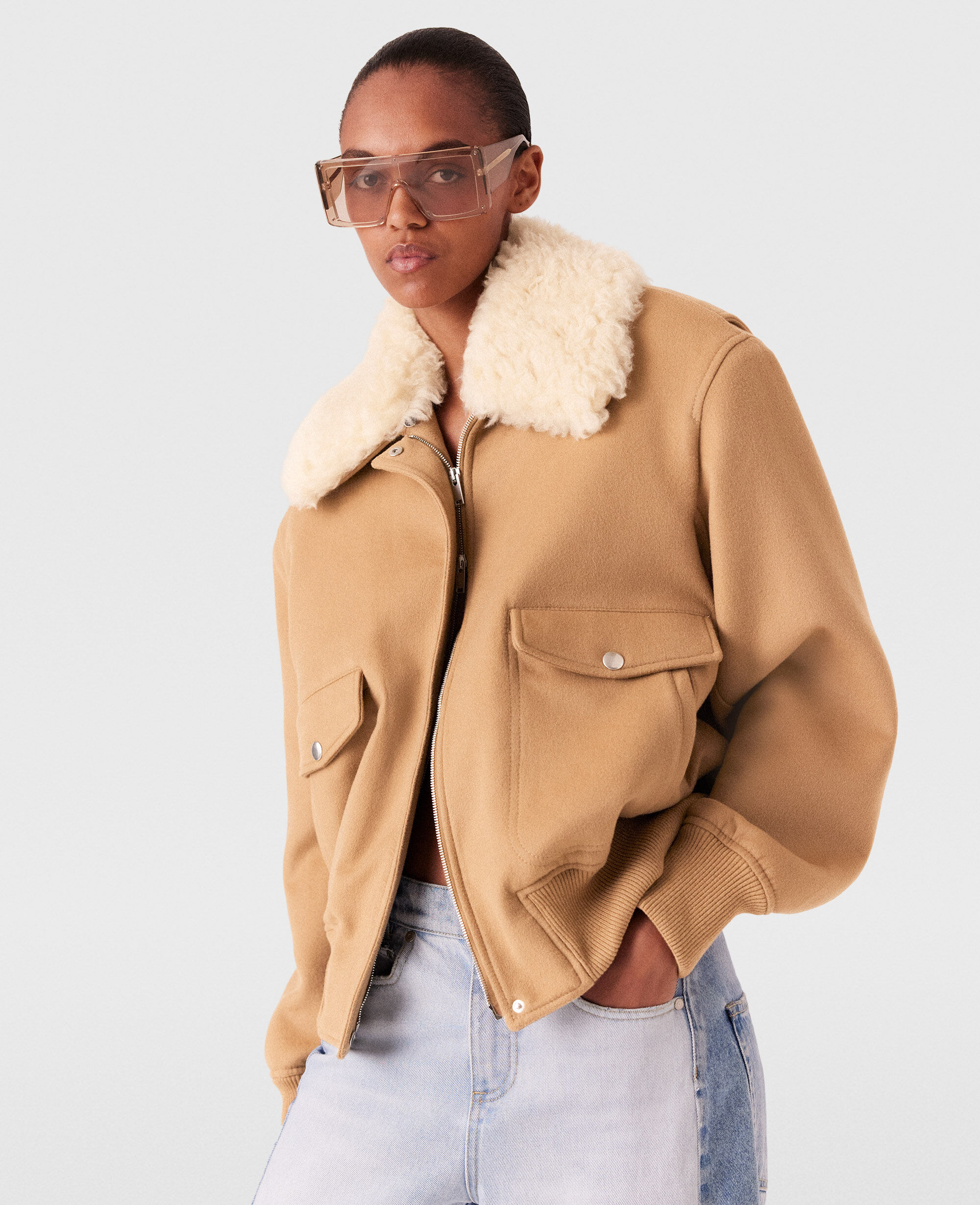 Women Camel Plush Teddy Bomber Jacket Stella McCartney US