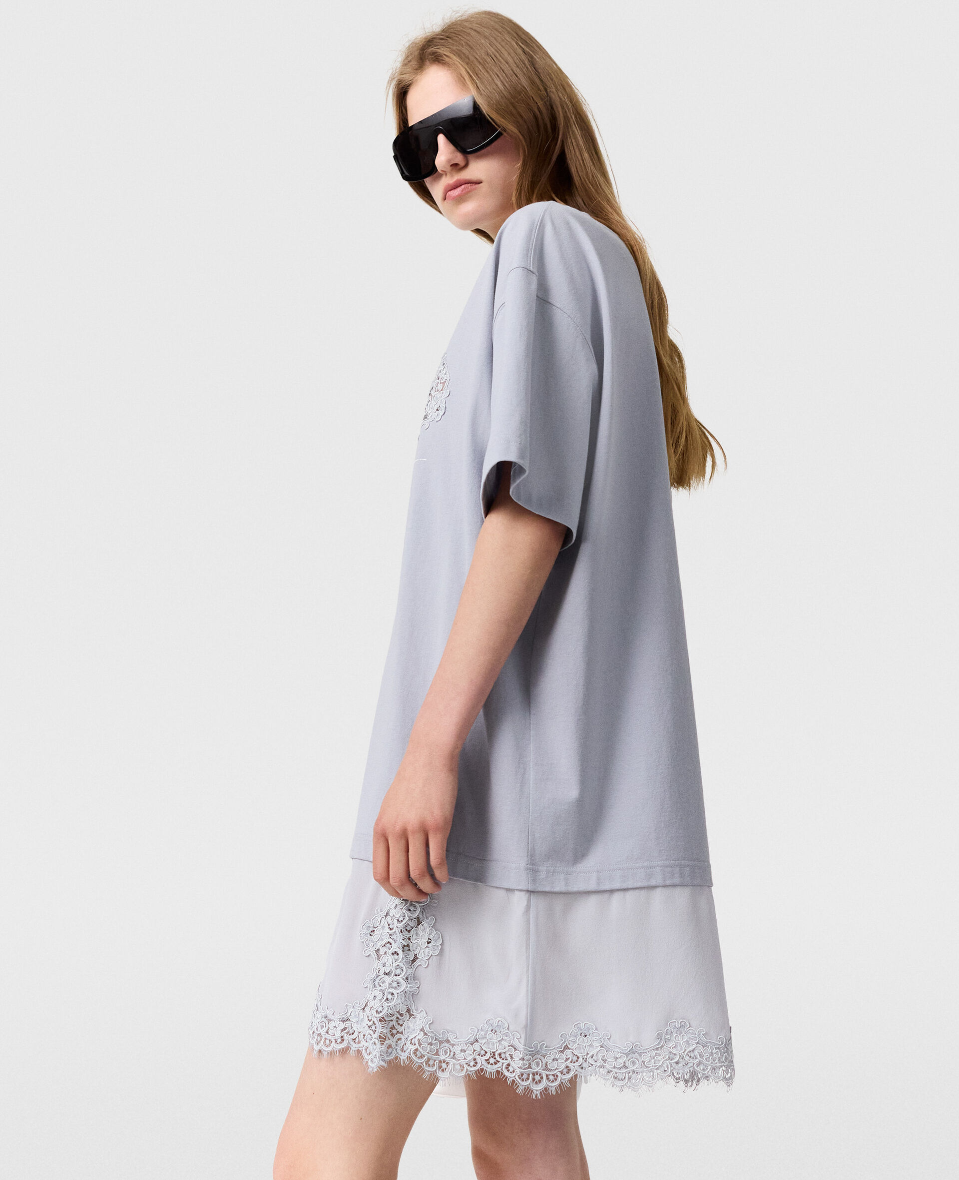 Lace-Insert Graphic T-Shirt Dress-Blue-large image number 2