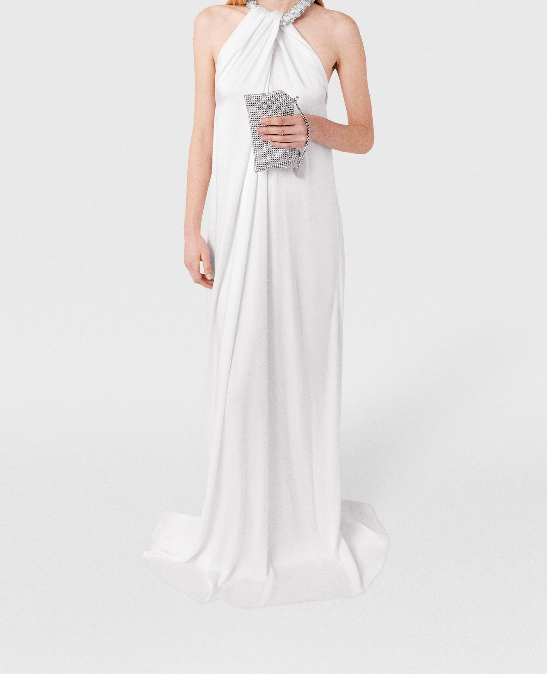 Crystal Halterneck Satin Maxi Dress-White-model