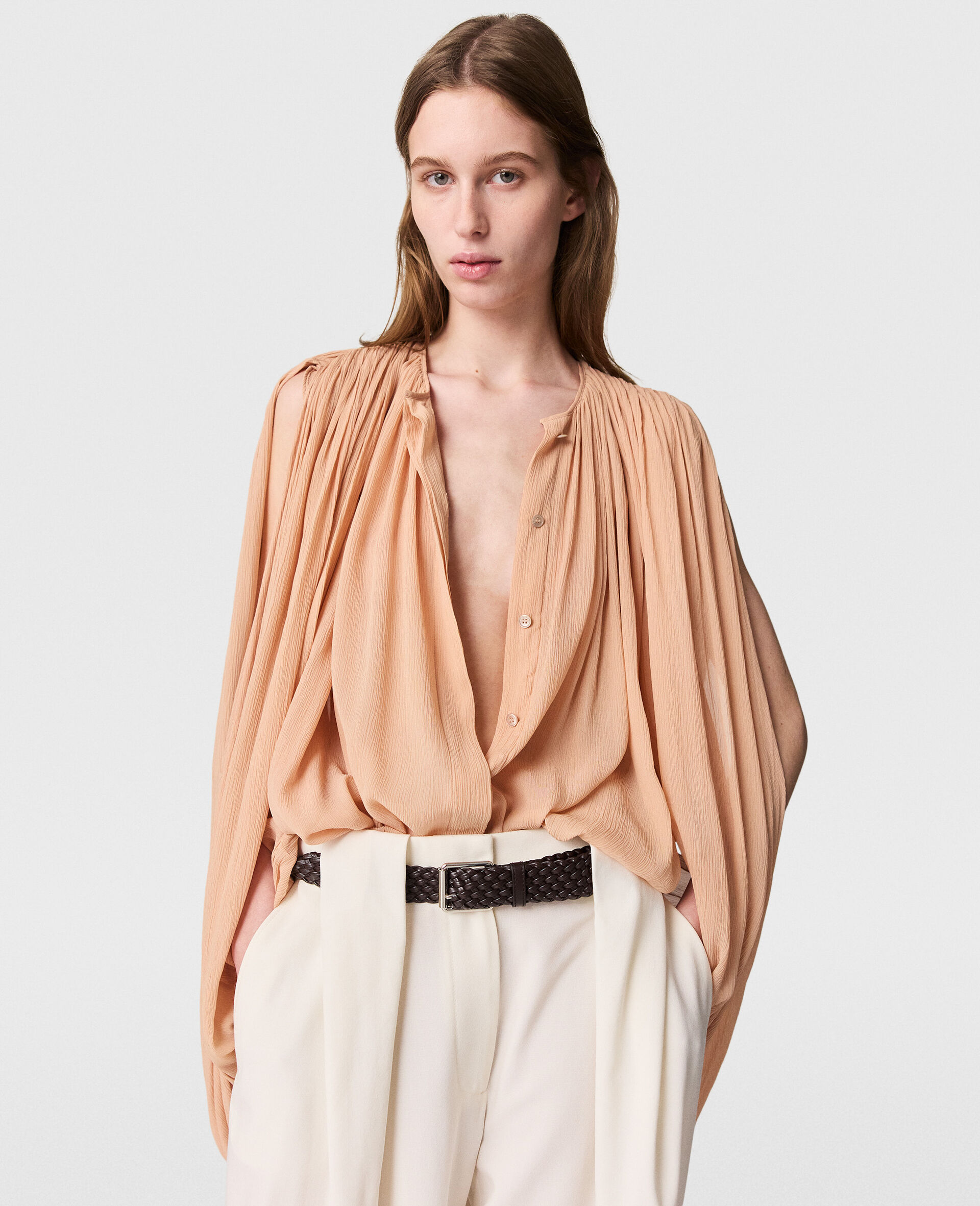 Pleated Cape-Sleeve Top-Beige-large image number 1