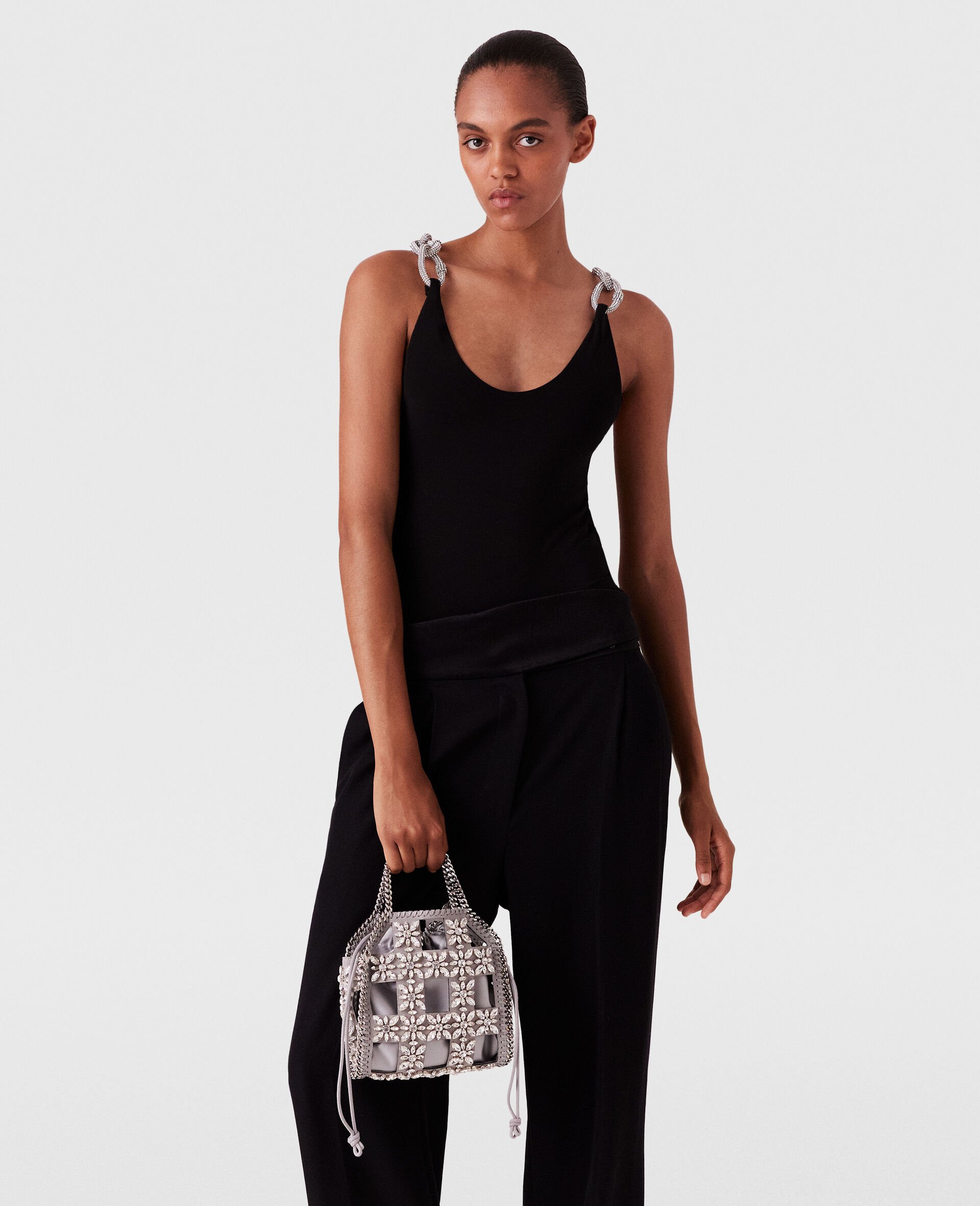 Crystal Chain Strap Top-Black-model