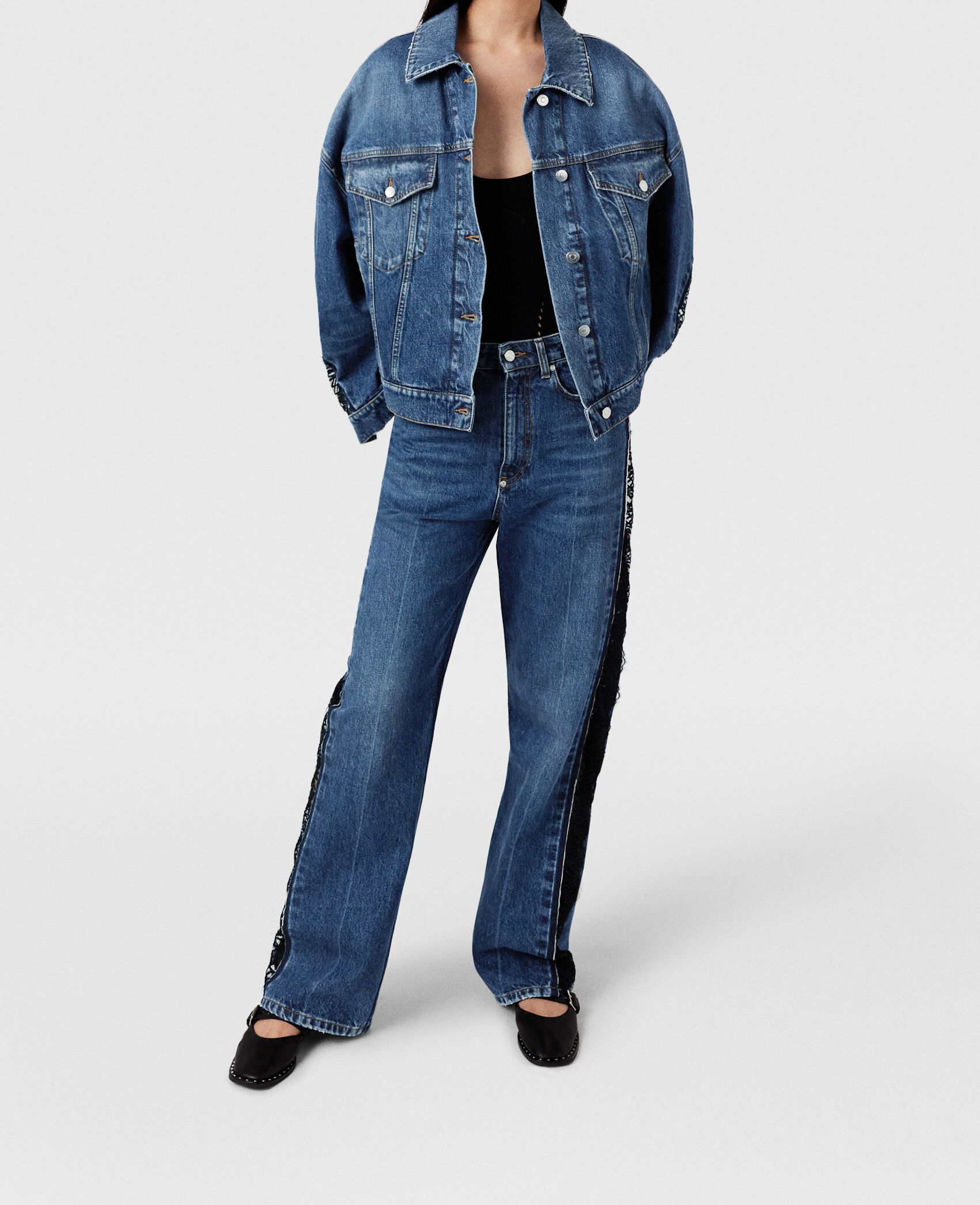 Women Vintage wash blue denim Lace High-Rise Straight Leg