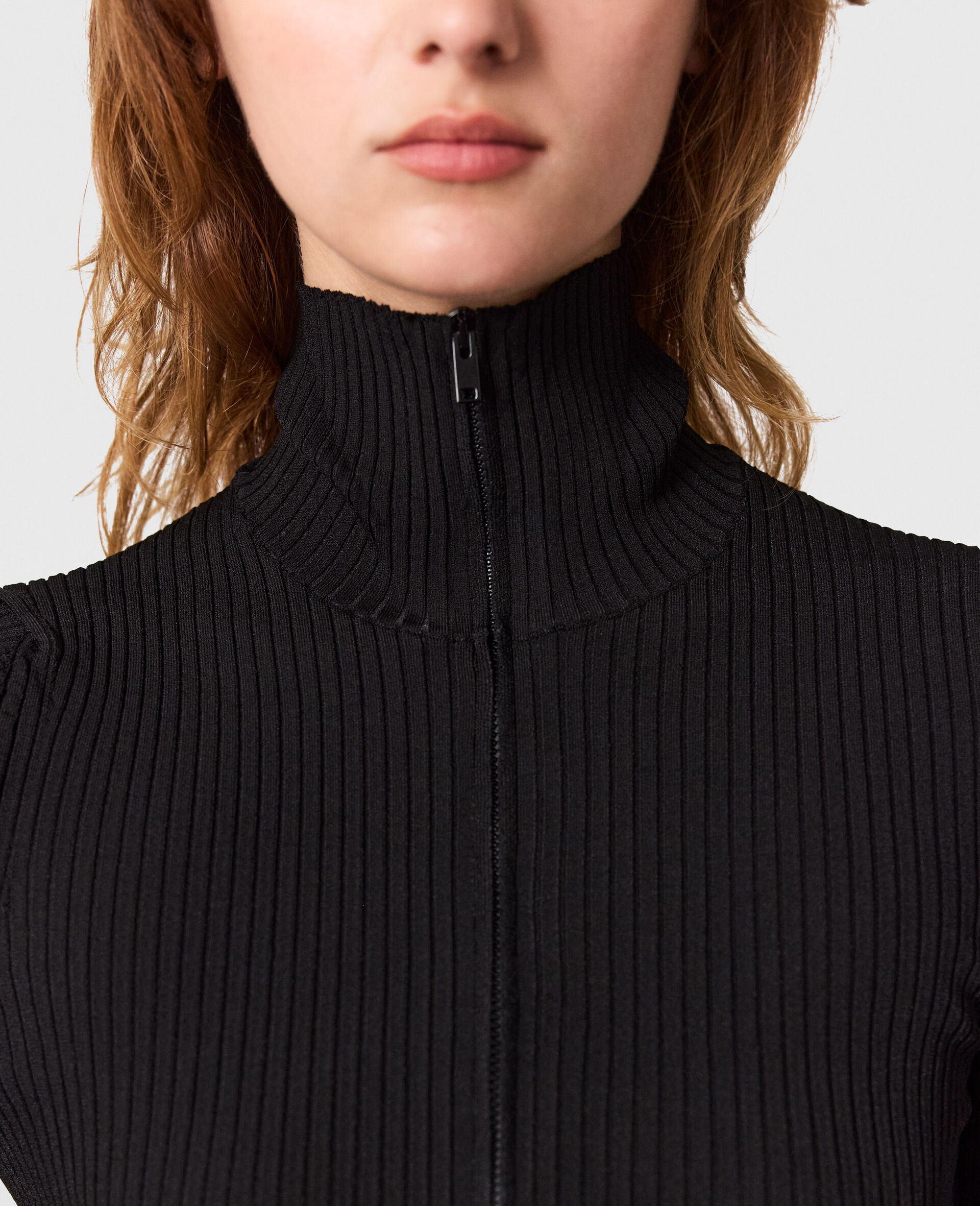 Zipper-Neck Ribbed Knit Midi Dress-Black-large image number 3