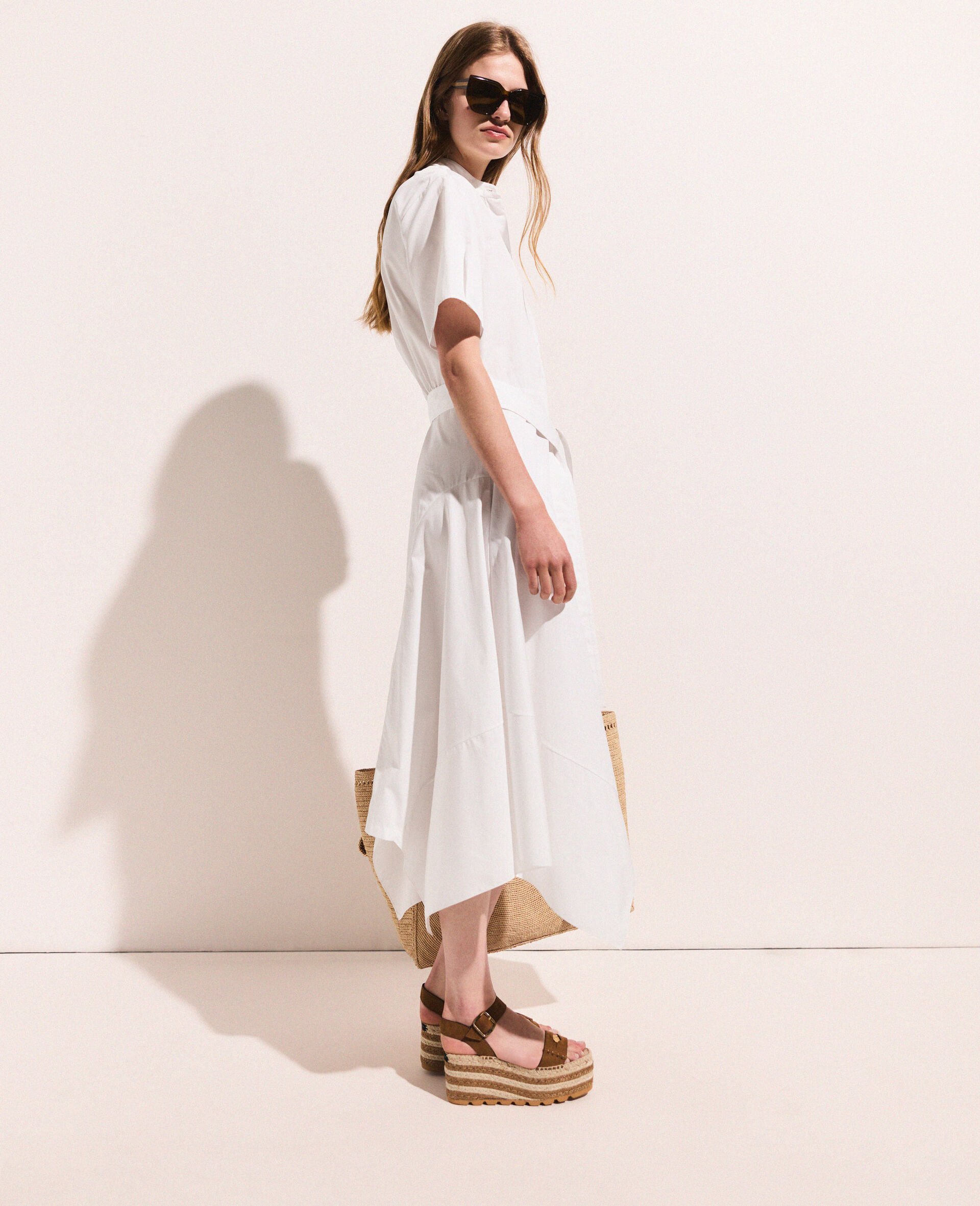 Short Sleeve Belted Midi Dress-White-large Short Sleeve Belted Midi Dress-White-large image number 2