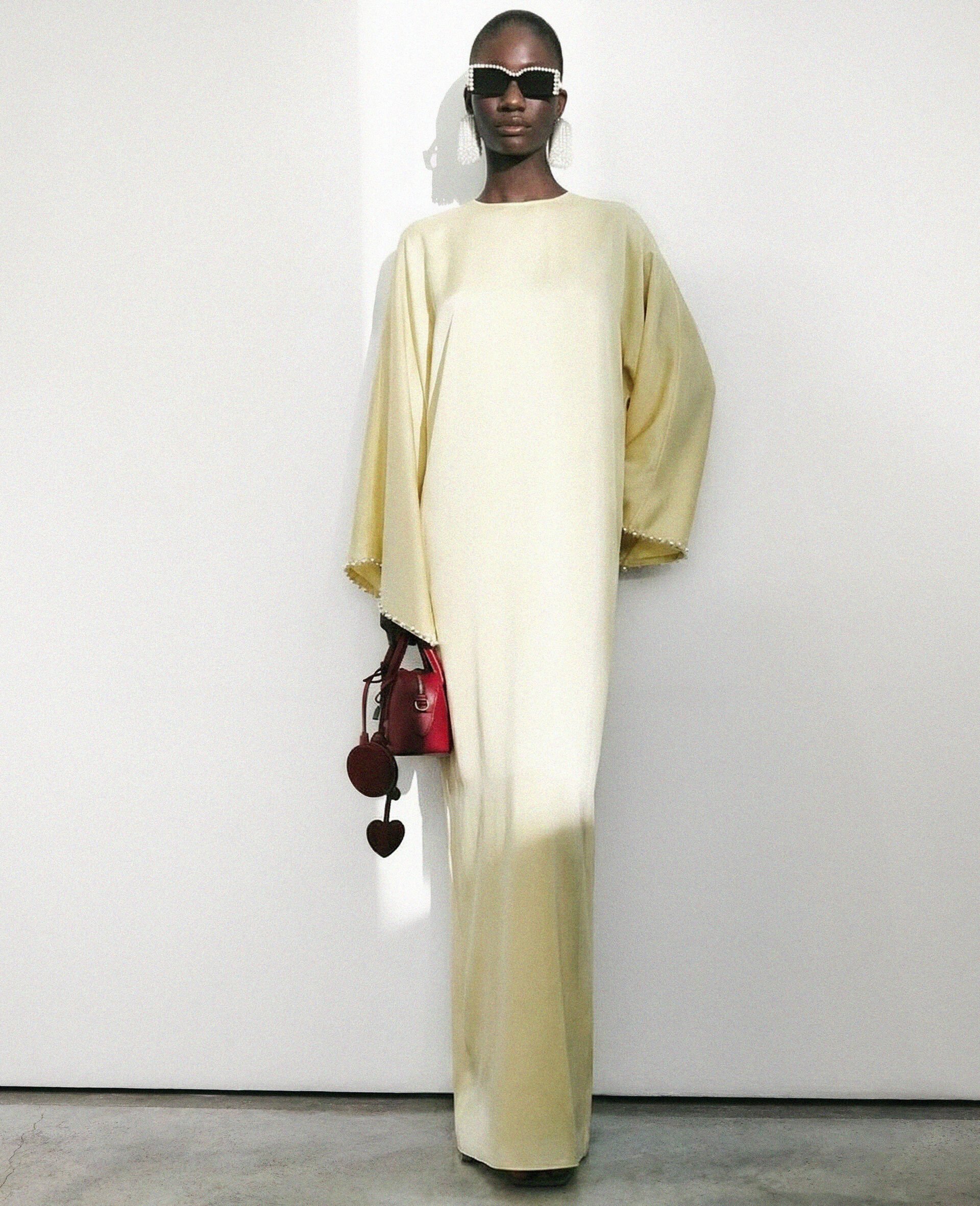 Pearl-Embellished Satin Maxi Dress-Yellow-medium