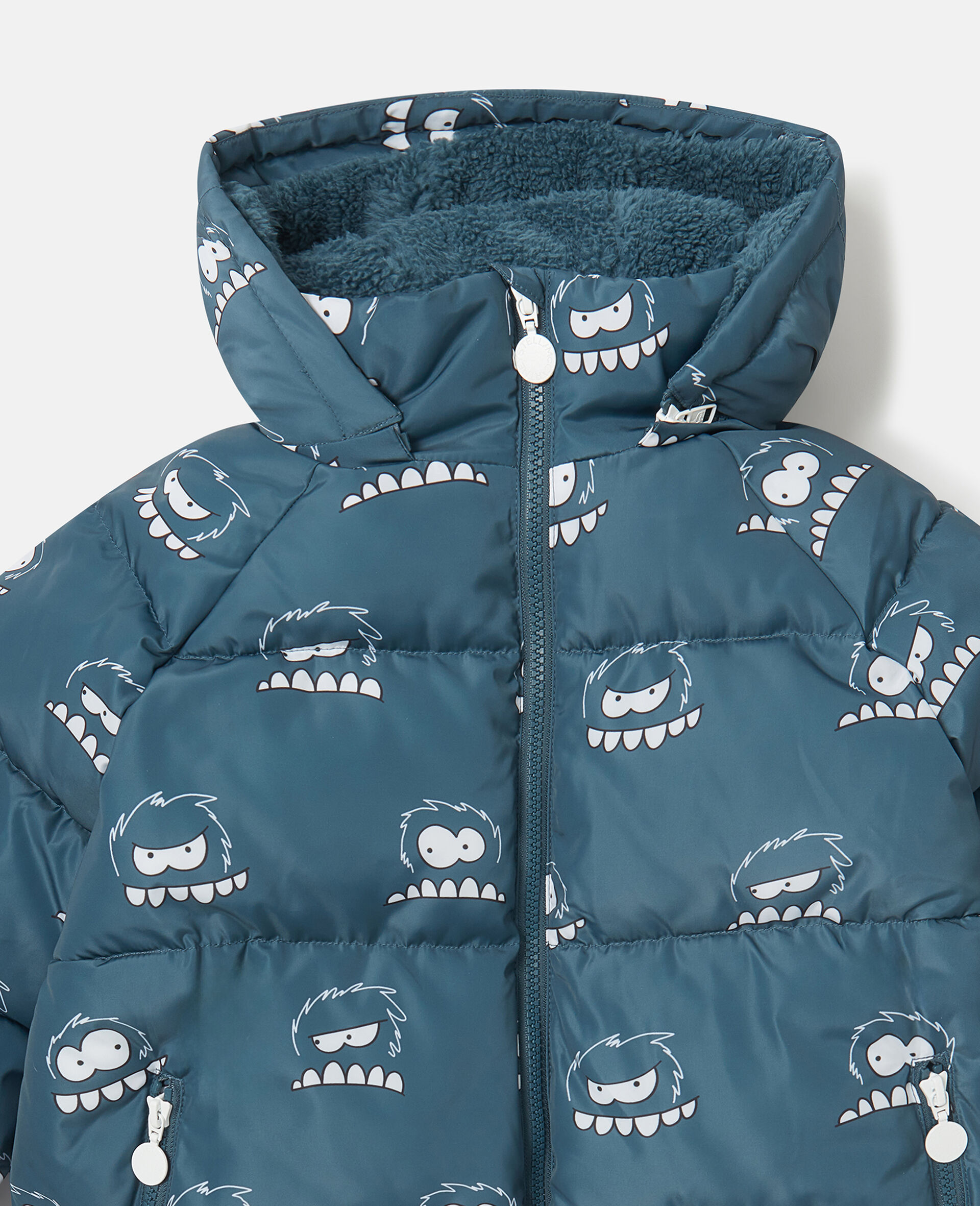 Monster Print Hooded Puffer Coat-Blue-medium